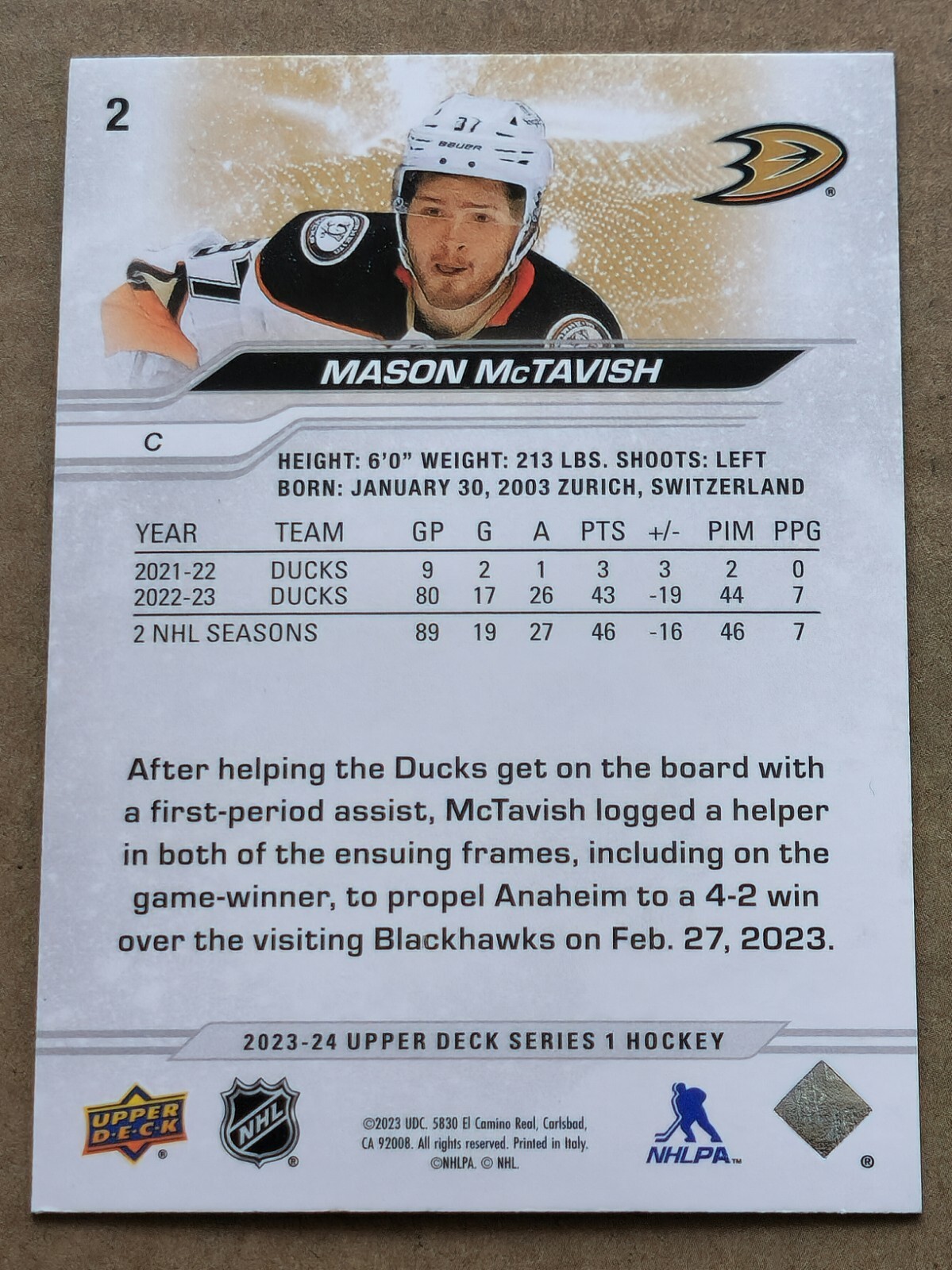 2023-24 Upper Deck Series 1 Mason McTavish #2 Anaheim Ducks