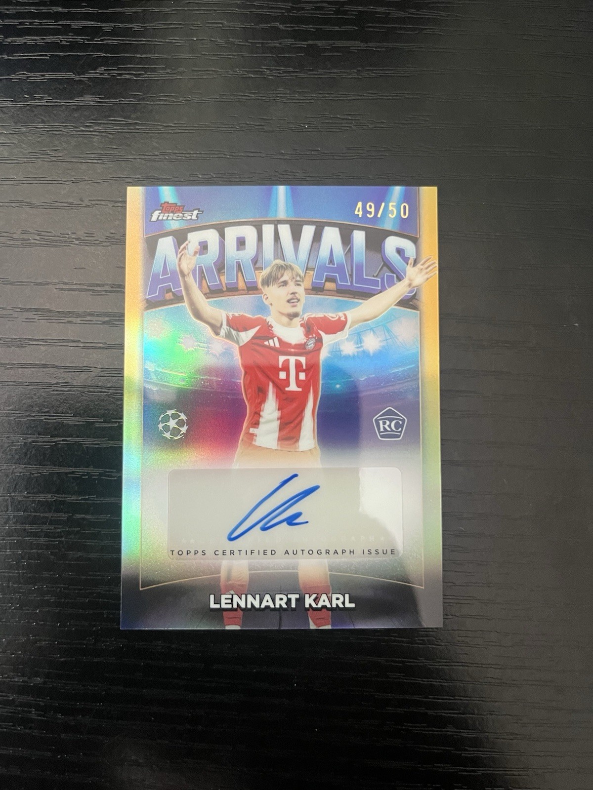 Lennart Karl 2025-26 Topps Finest UCC Arrivals Gold Auto RC 49/50 Bayern Munich