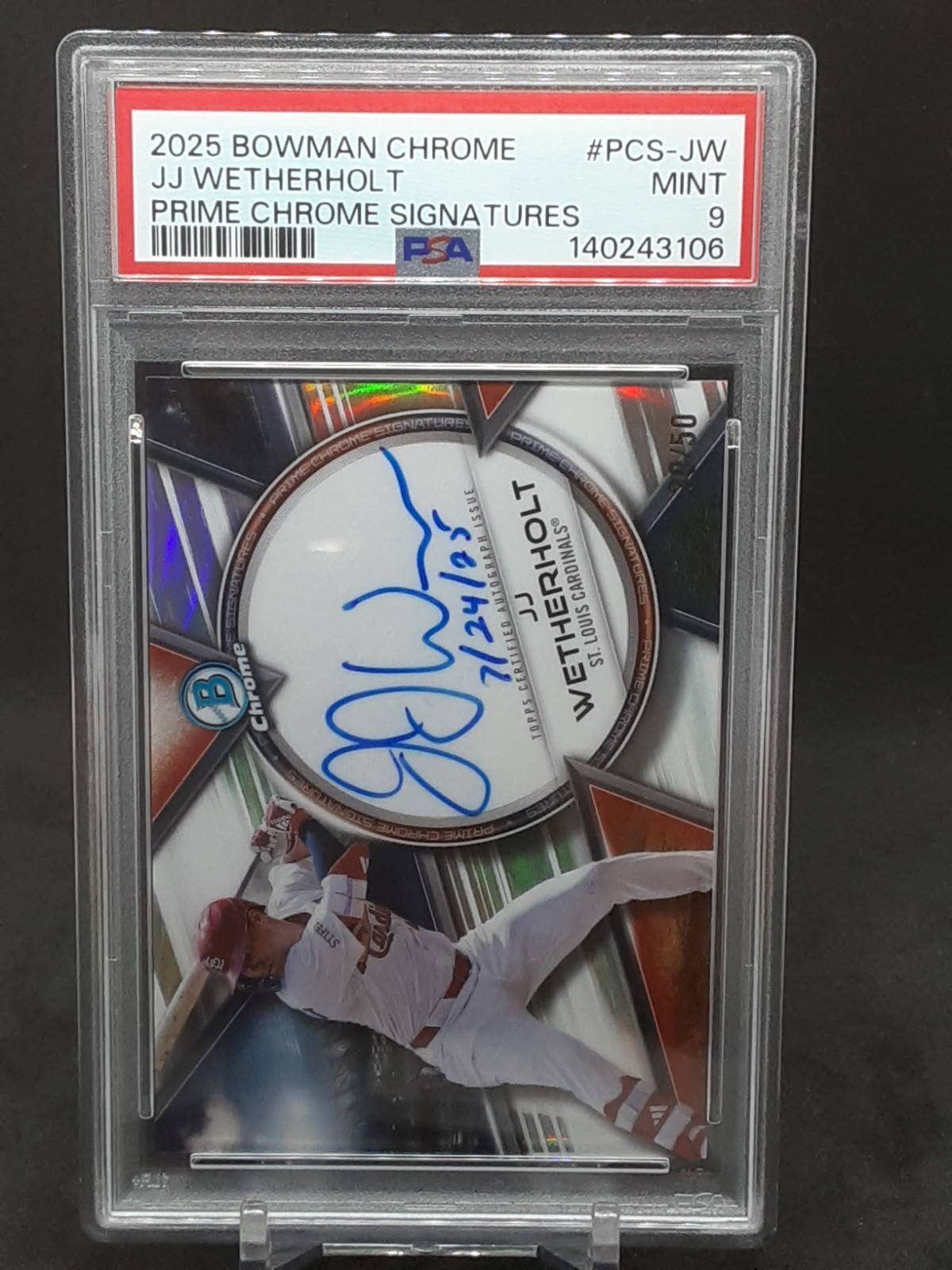 JJ WEATHERHOLT 2025 BOWMAN CHROME PARIM CHROME AUTO #30/50 PSA MT 9 CARDINALS QQ