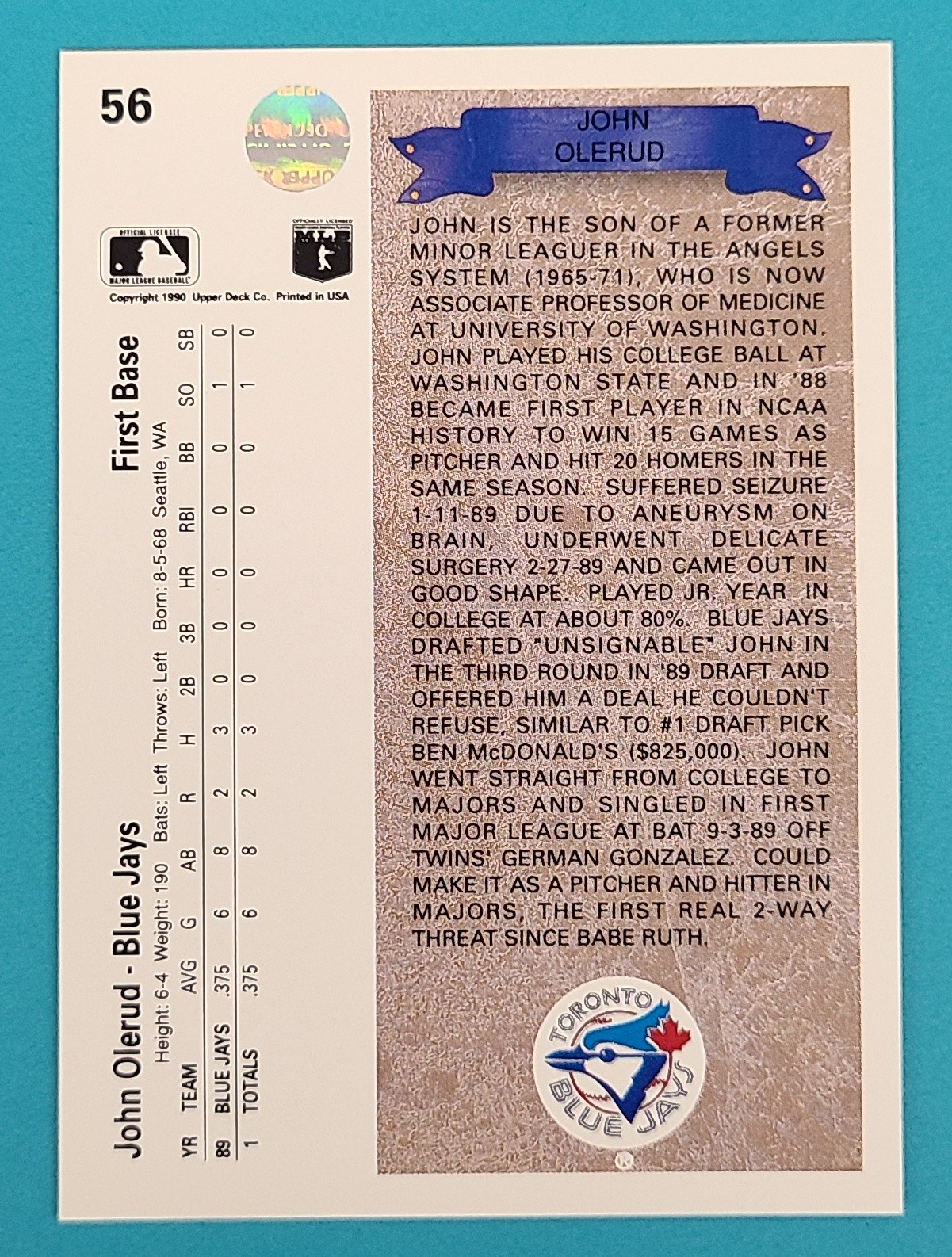 1990 Upper Deck RC #56 John Olerud Toronto Blue Jays Baseball Card A3