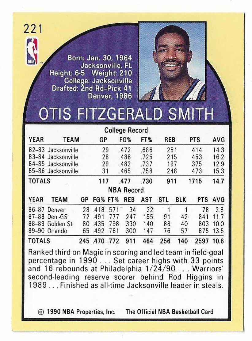 1990-91 NBA Hoops Basketball Otis Smith Card #221 Orlando Magic