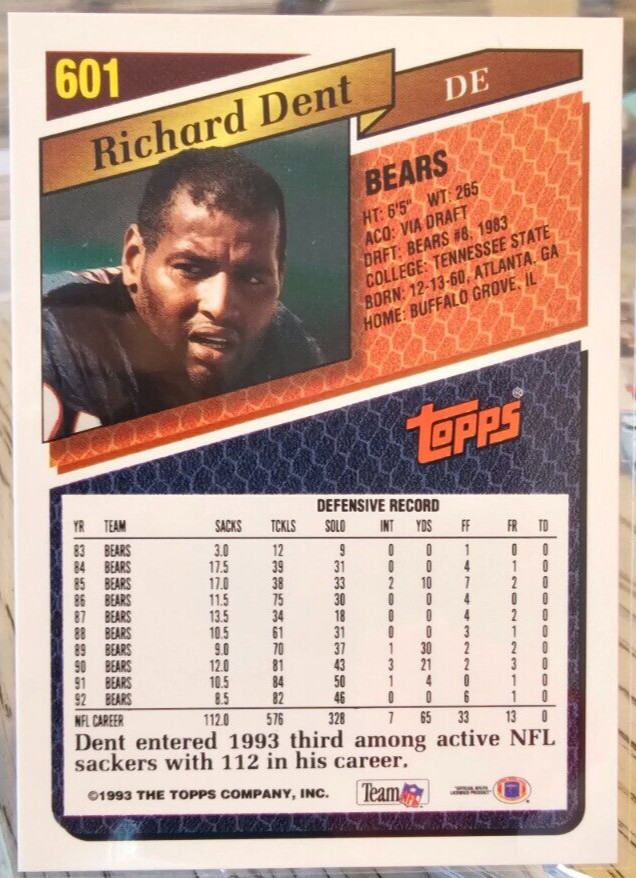 1993 Topps Richard Dent #601 Chicago Bears