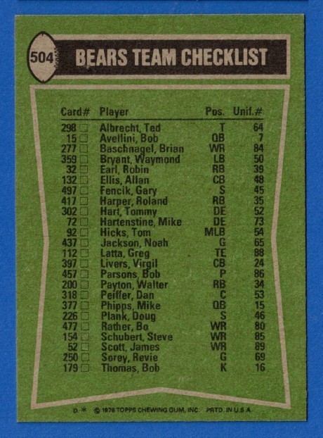 1978 Topps Bears Team Checklist #504***Free Shipping***
