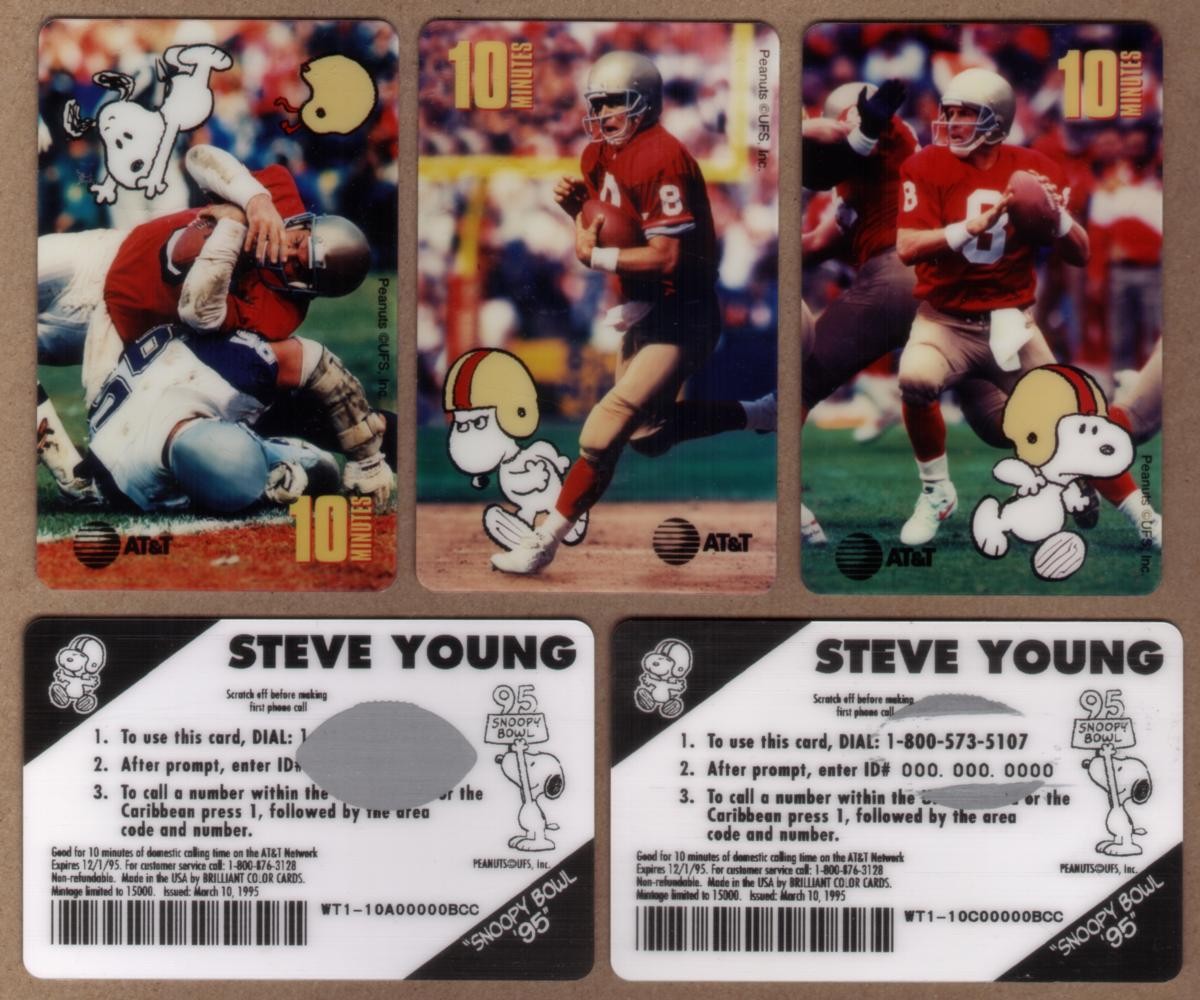 10m 1995 Snoopy Bowl Football / Steve Young 3 Card ‘0’ SPECIMEN Phone Card