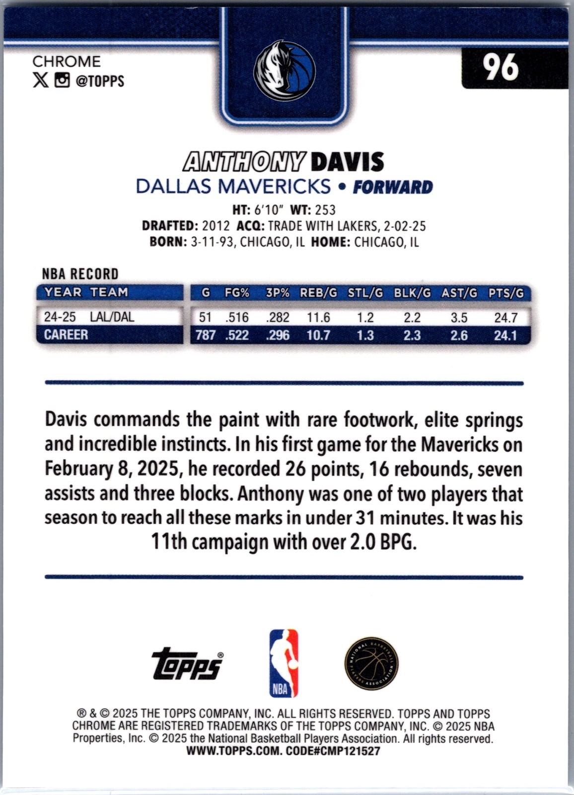 Anthony Davis 2025-26 Topps Chrome Blue X-Fractor Mavericks #96 Wizards