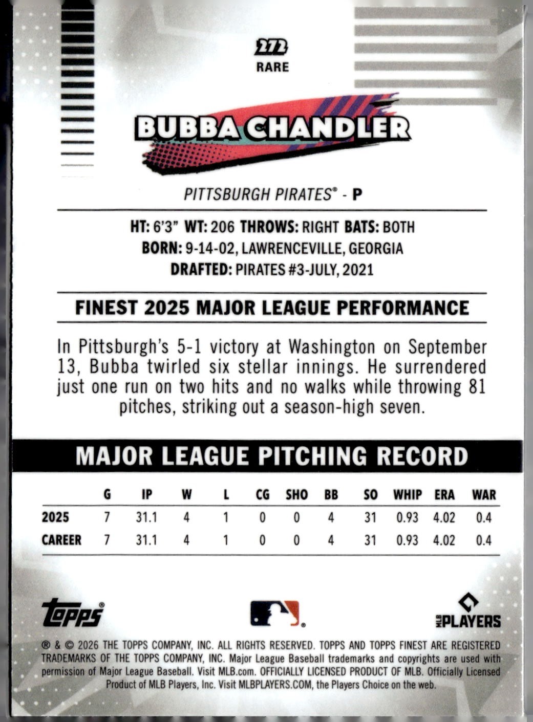2026 Topps Finest #272 Bubba Chandler RC Teal Rare 6/199 Pittsburgh Pirates