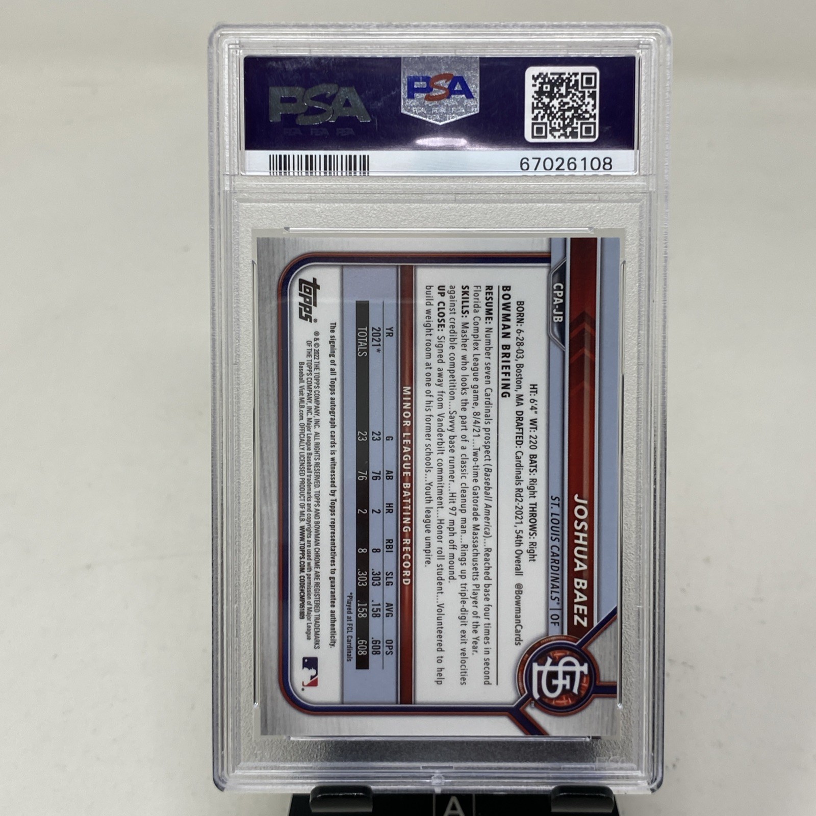 2022 1st Bowman Chrome Joshua Baez GOLD SHIMMER REFRACTOR AUTO /50 PSA 8