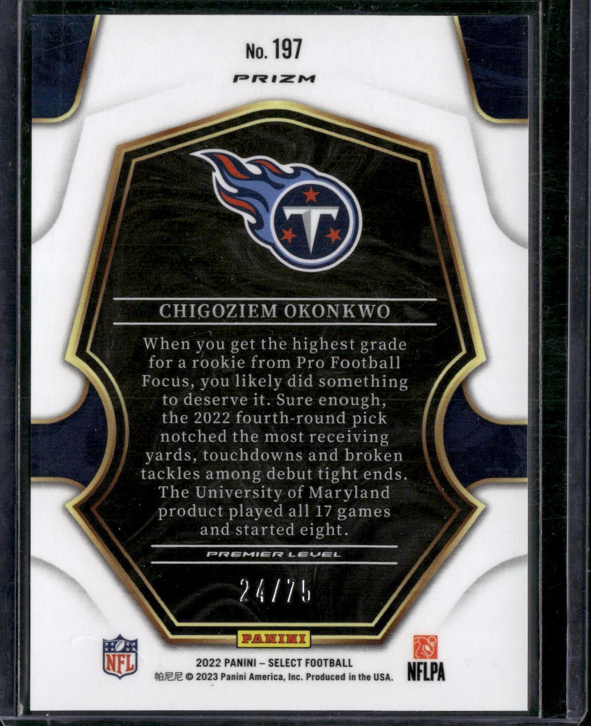 2022 Panini Select Chigoziem Okonkwo Purple Prizm RC /75 #197 Tennessee Titans