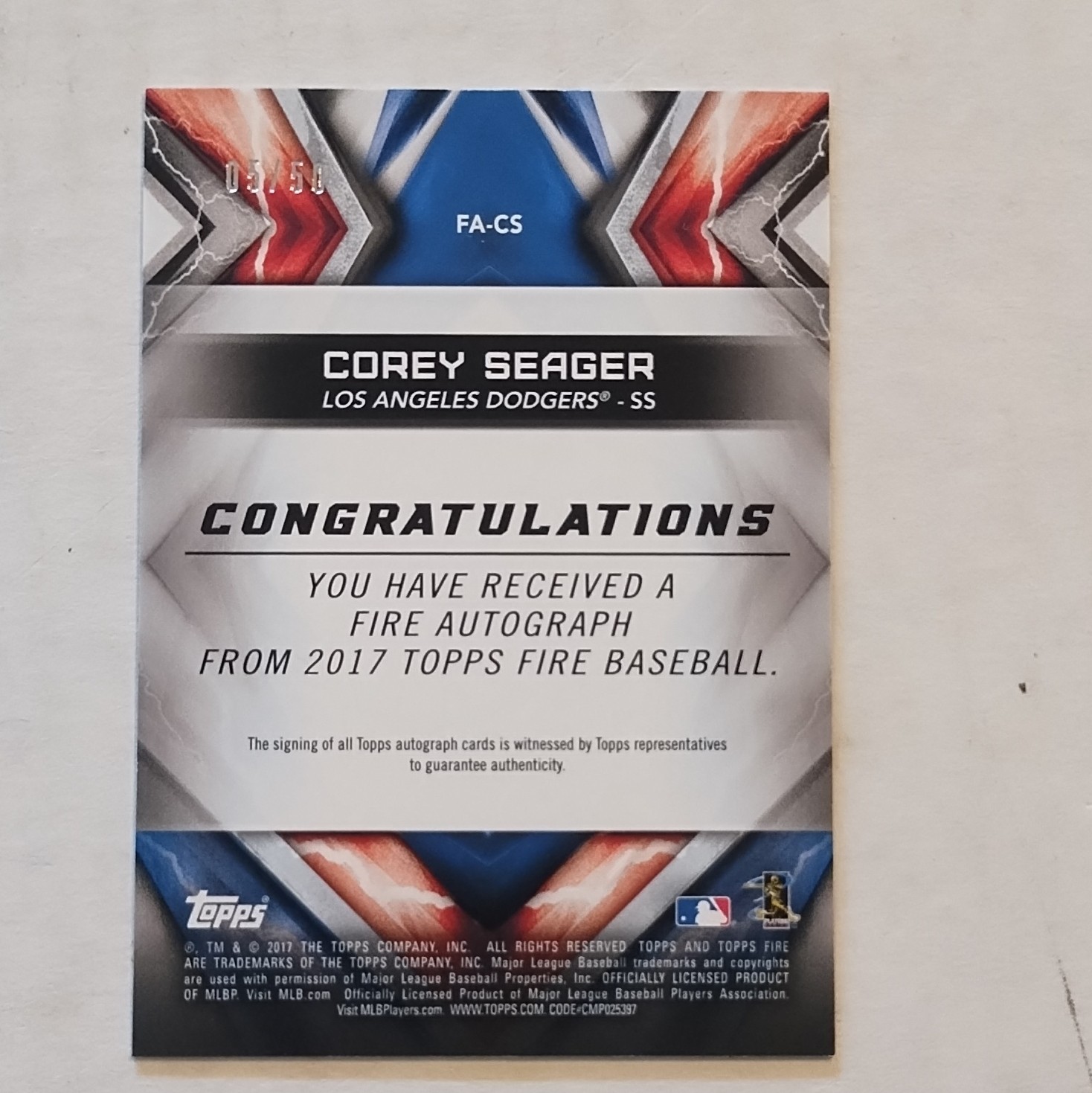 Topps 2017 Fire Corey Seager Dodgers Relics #FR-CS Purple Memorabilia /50