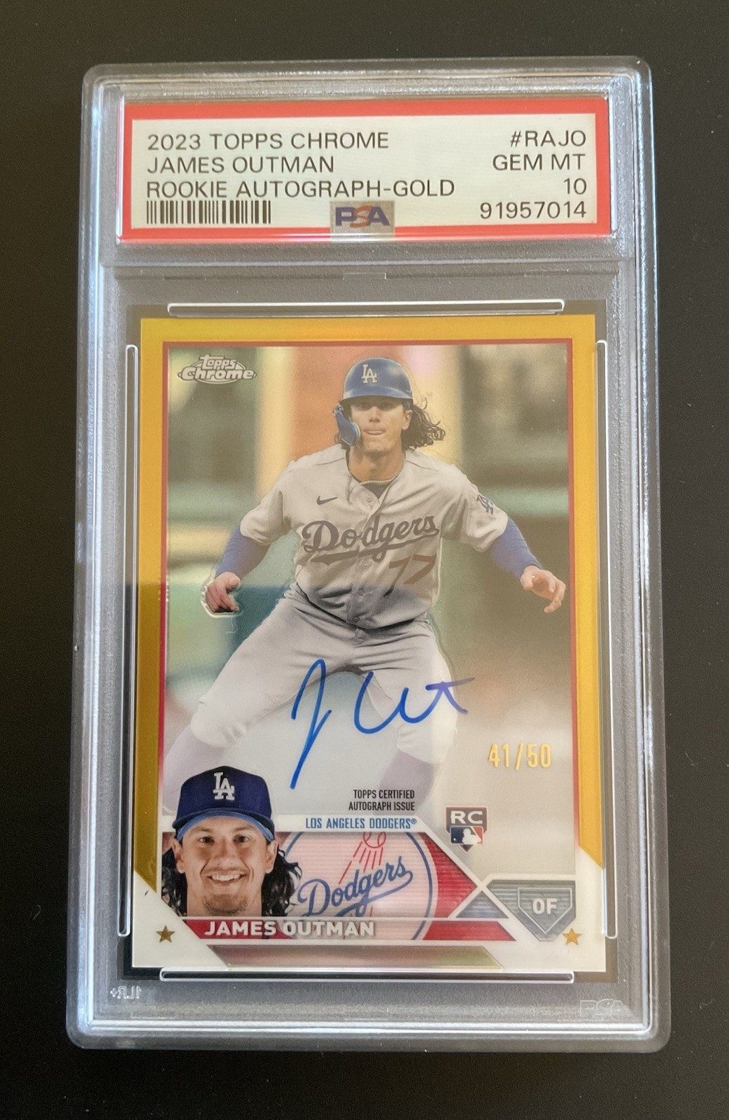 2023 TOPPS CHROME RC AUTO TRUE GOLD REFRACTOR #RAJO JAMES OUTMAN /50 PSA 10