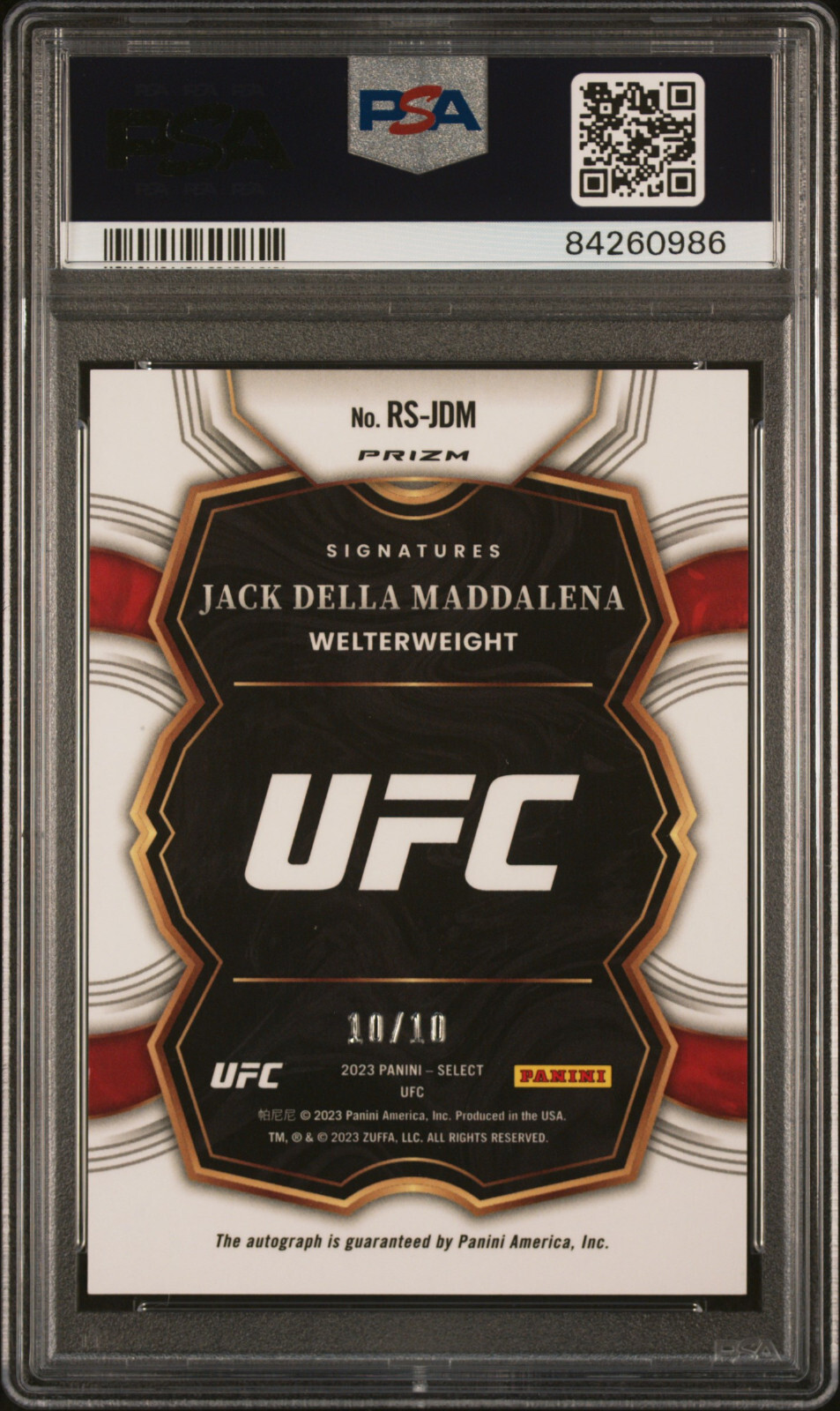 2023 Panini Select UFC JACK DELLA MADDALENA RC Gold Flash Auto /10 PSA 10 Pop 1