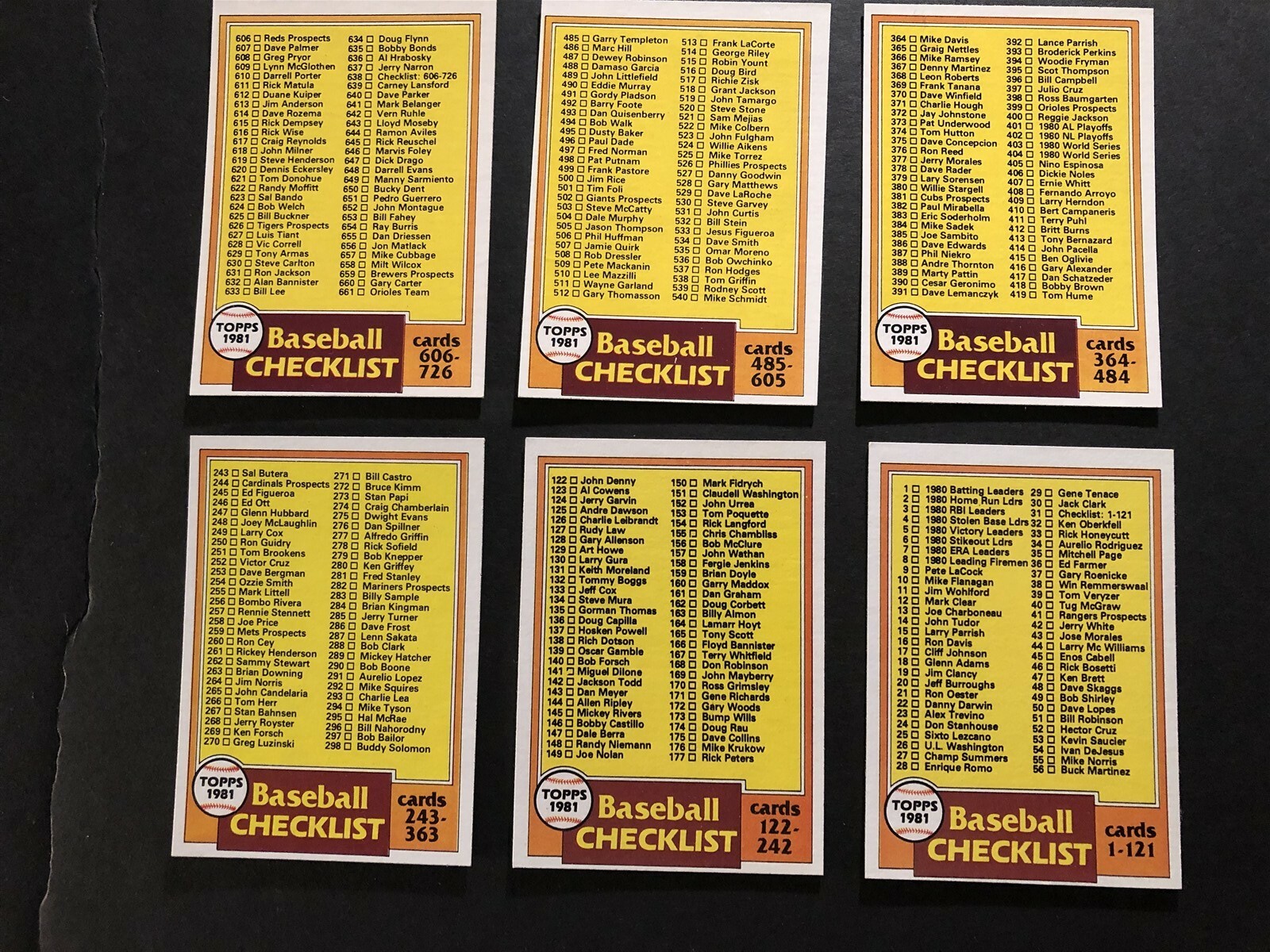 1981 Topps CHECKLIST Complete Set of 6 Checklist Cards FREE SHIPPING Un-Checked