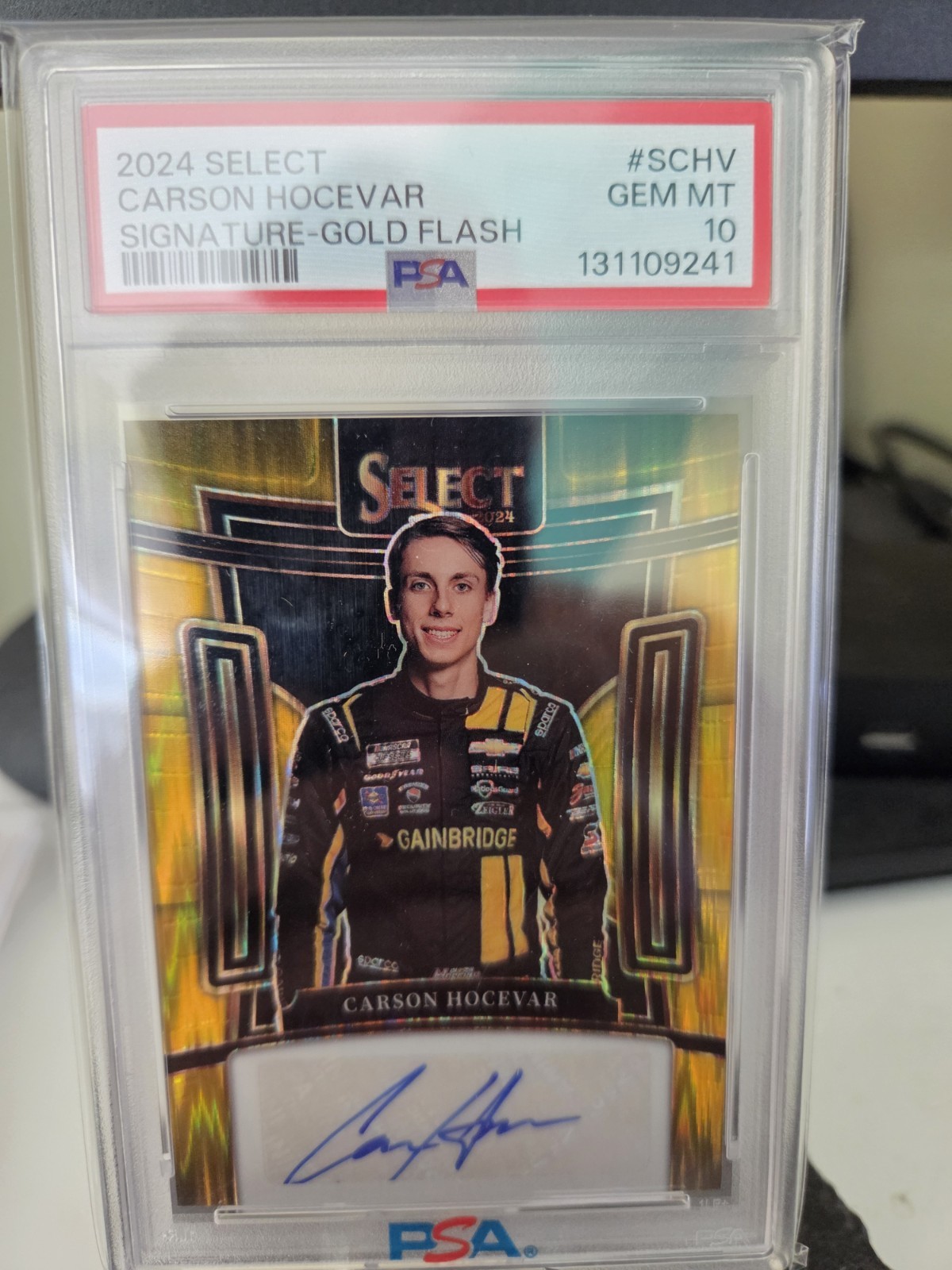 2024 Select Carson Hocevar Signatures Gold Flash Prizm SSP /10 PSA 10