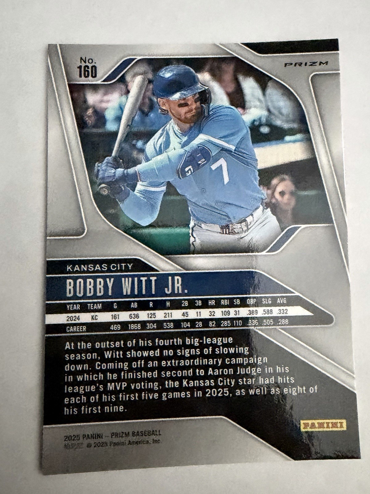 2025 Panini Prizm #160 Bobby Witt Jr. – KC Royals Pink Cracked Ice Prizm