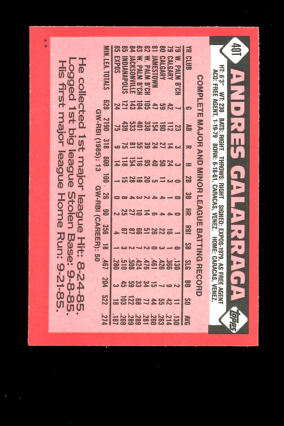 1986 Topps Traded #40T Andres Galarraga Montreal Expos RC Rookie Card QTY