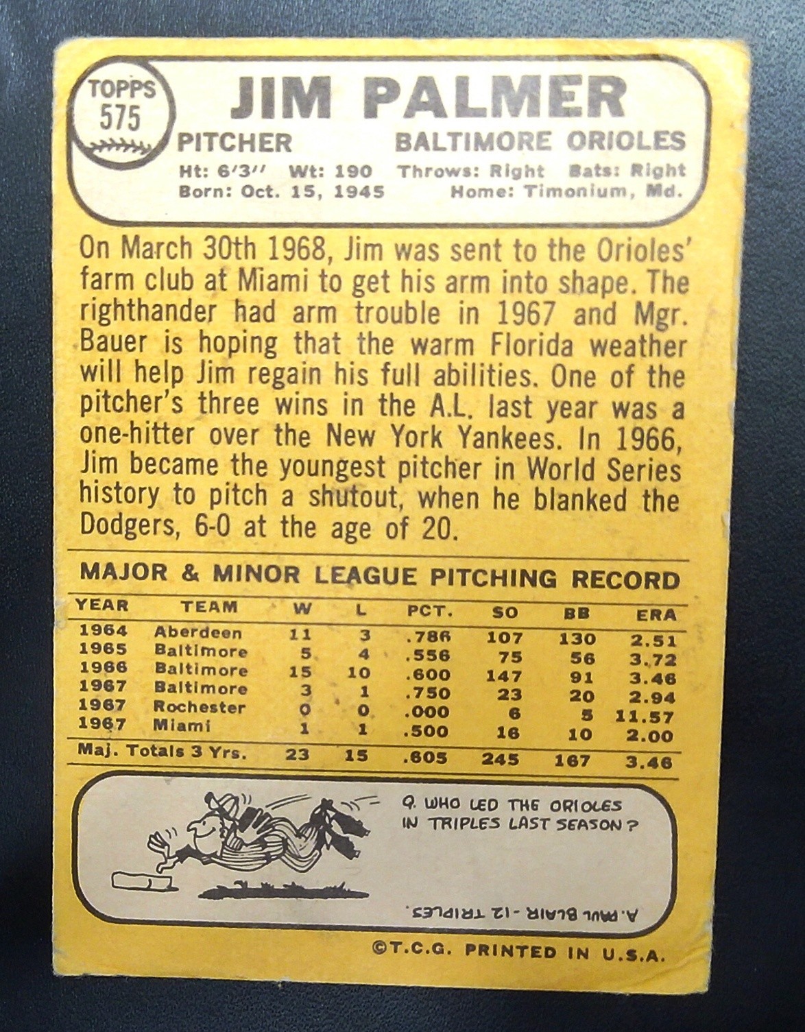 1968 Jim Palmer, Baltimore Orioles, Topps #575