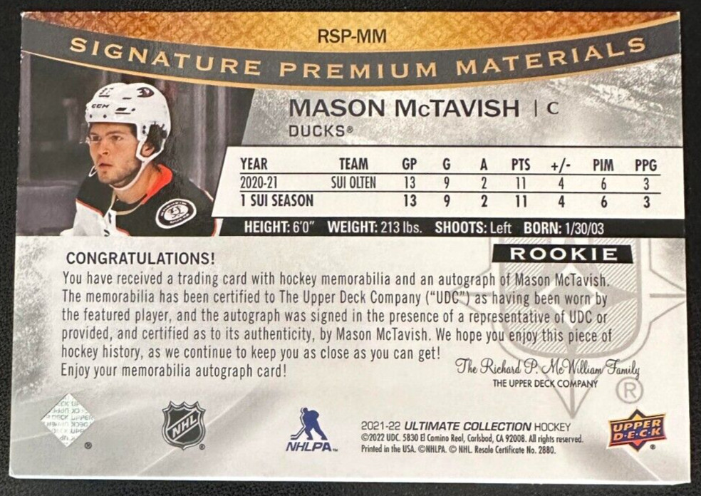 2022-23 Ultimate Hockey MASON MCTAVISH Rookie Signature Premium Materials/ 65