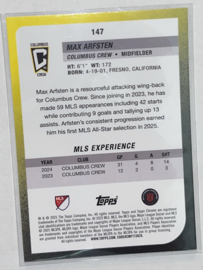 Max Arfsten 2025 Topps Chrome MLS #147 Magenta Pulsar Columbus Crew