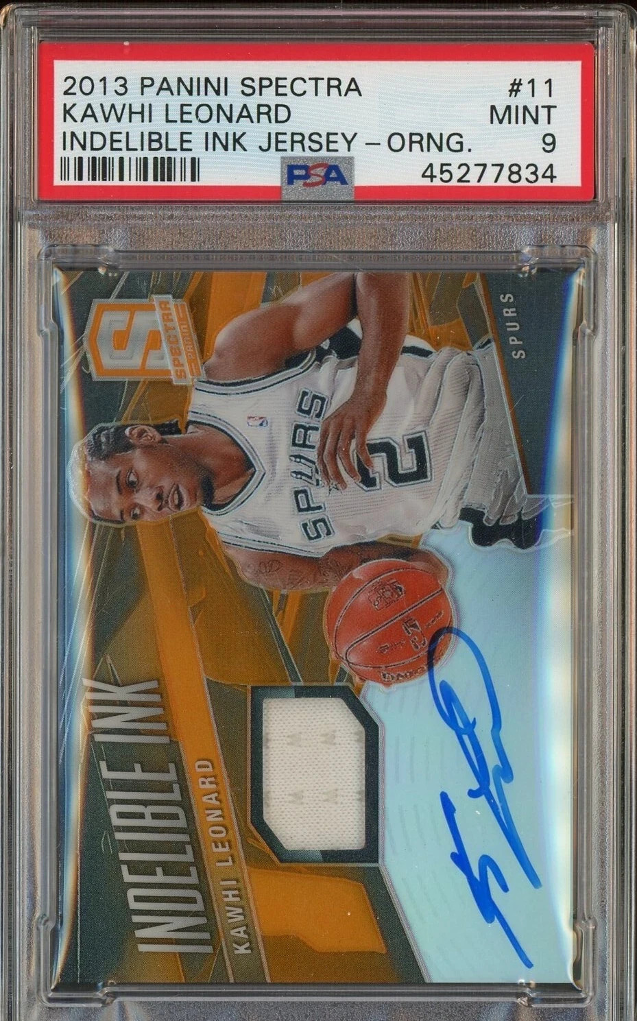 2013 Panini Spectra Indelible Ink Orange Kawhi Leonard GU Jersey AUTO /49 PSA 9