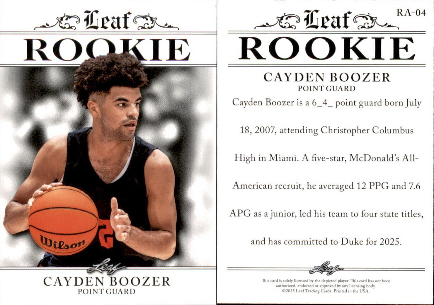 2025 Leaf ROOKIE CAYDEN BOOZER RA-04 DUKE BLUE DEVILS