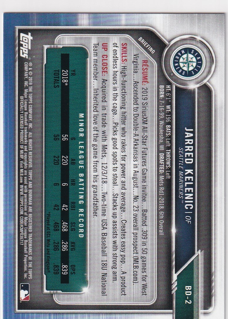 2019 BOWMAN DRAFT RC JARRED KELENIC SEATTLE MARINERS ROOKIE PROSPECTS – H6100