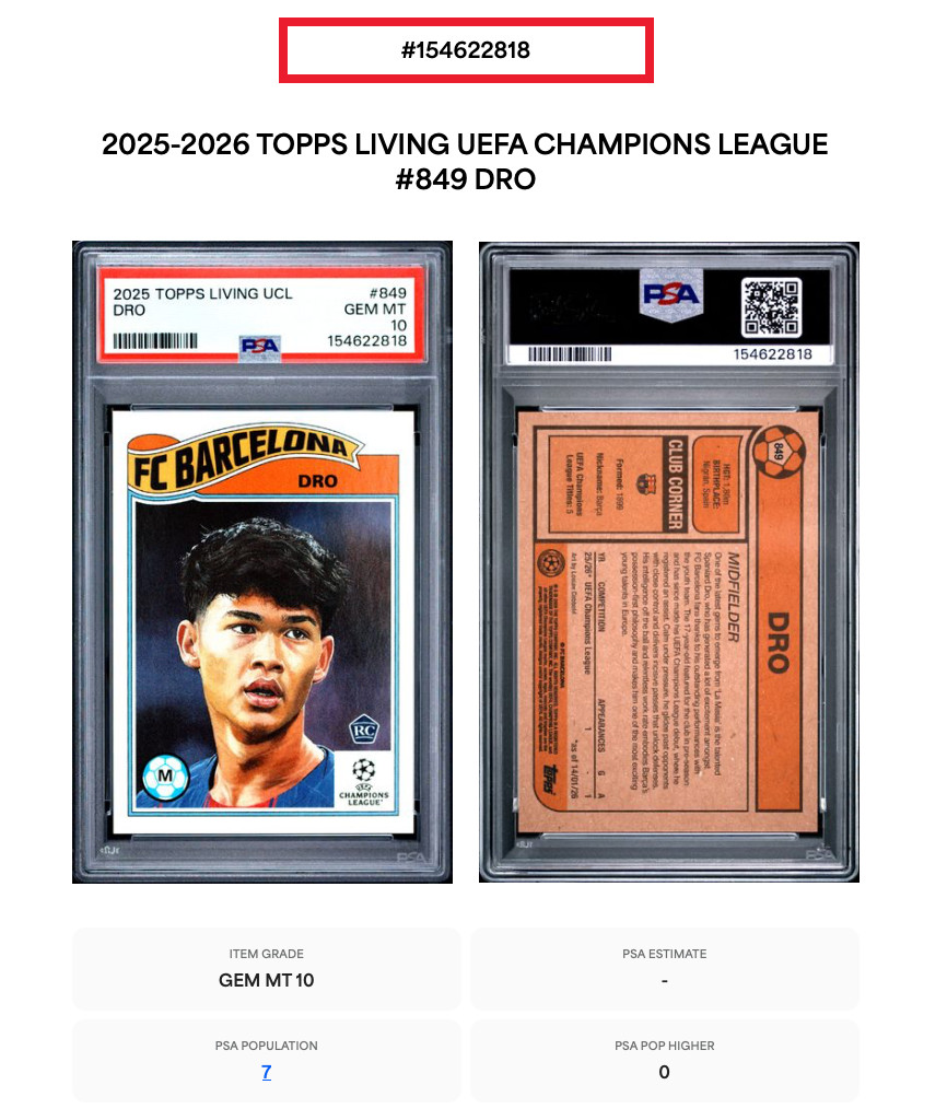 DRO * PSA 10 * 2025 TOPPS LIVING UCL * ROOKIE * PSG SPAIN BARCELONA * CARD #849