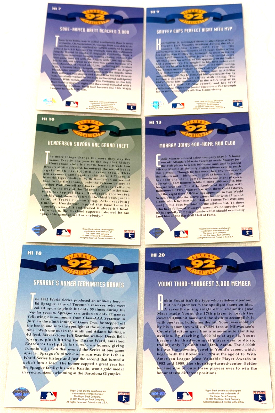 1993 Upper Deck ’92 Season Highlights Baseball Complete Your Set, U Pick One