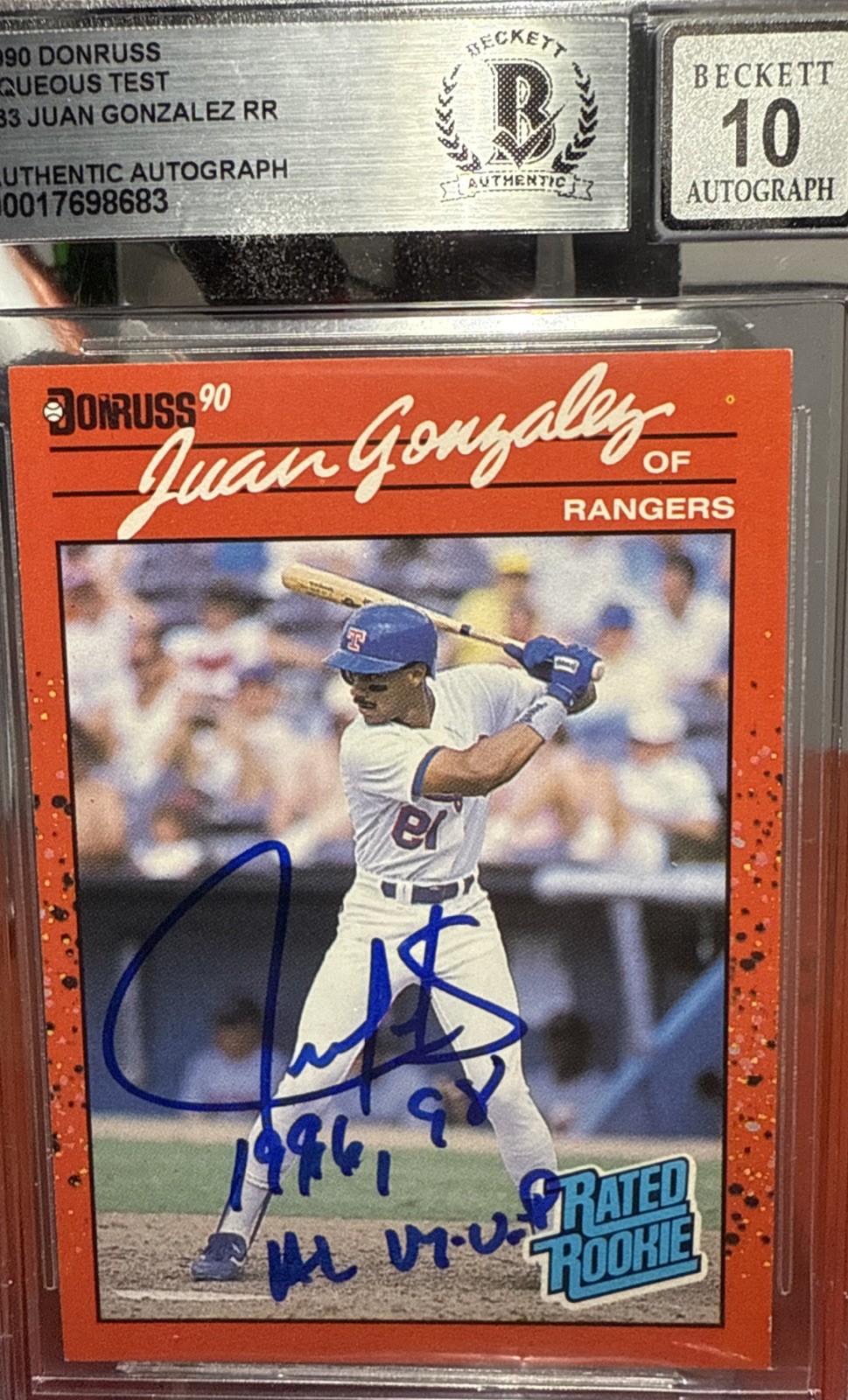 1990 Donruss – Rated Rookie Juan González #33 Rev Neg (RC). BGS. 10 💎. Auto