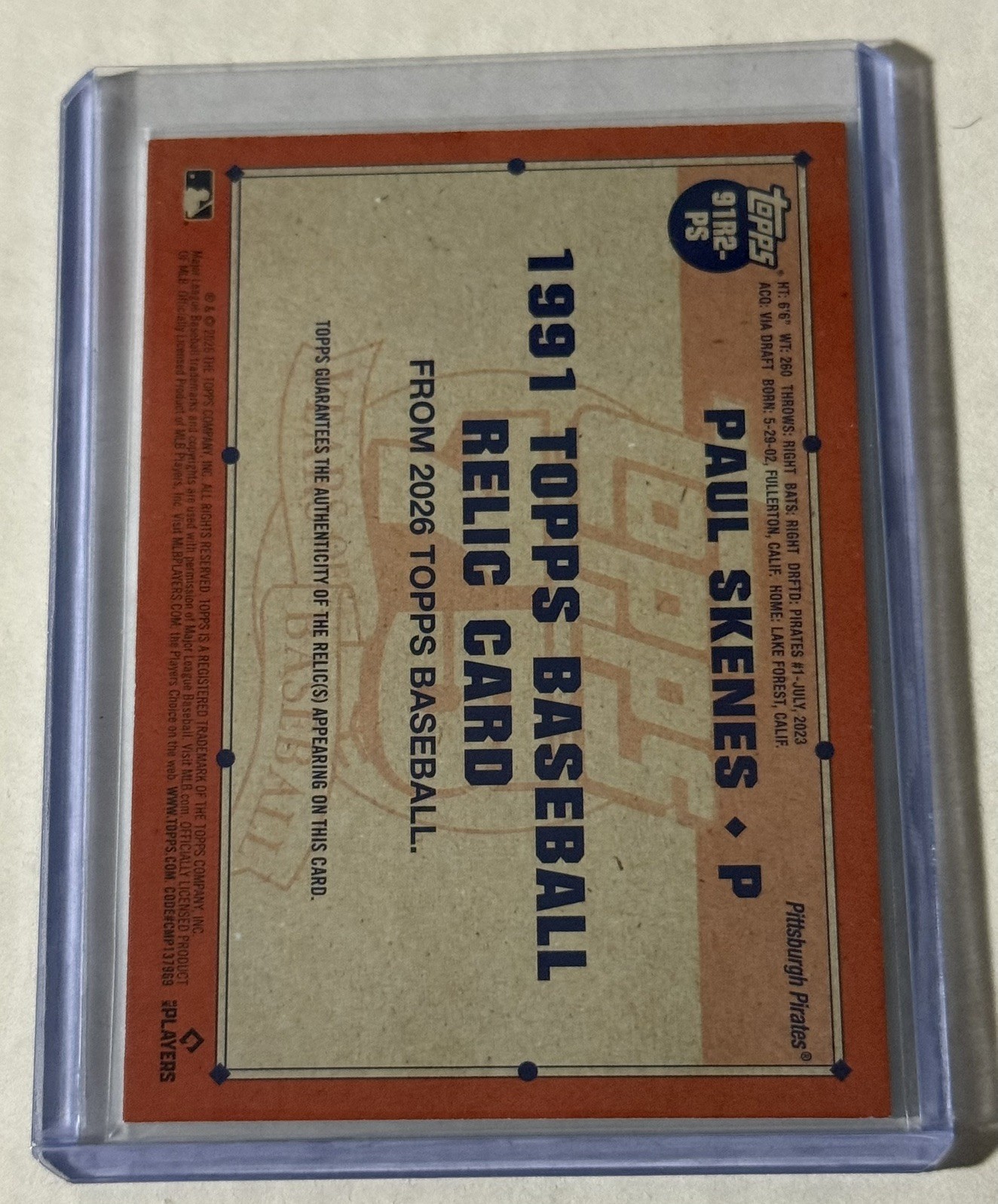 2026 Topps Series 2 Paul Skenes 1991 Relic Player Worn Jersey PIRATES