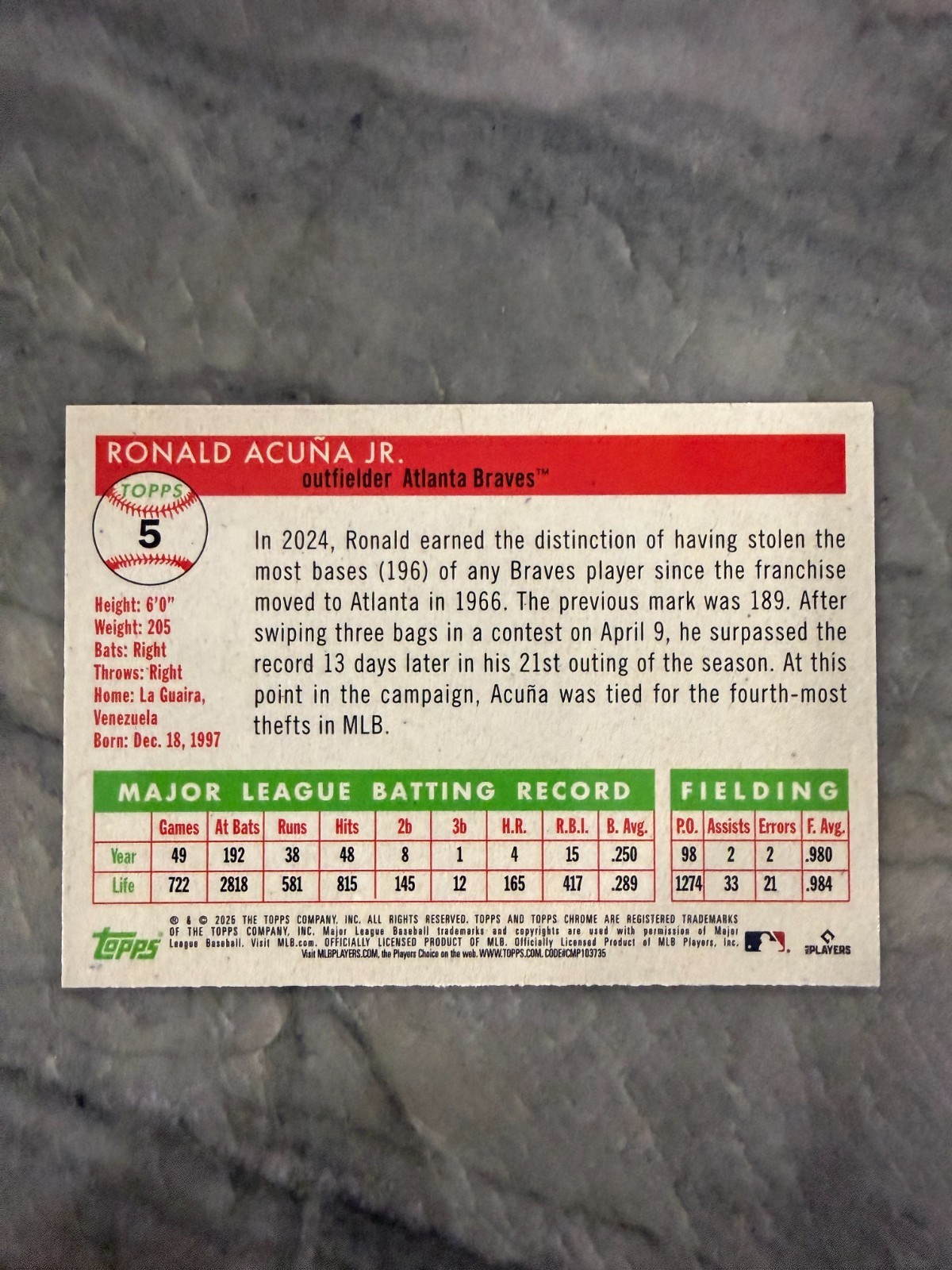 2025 Topps Chrome Platinum Ronald Acuna Jr Green Vibrations Refractor 52/99 ATL