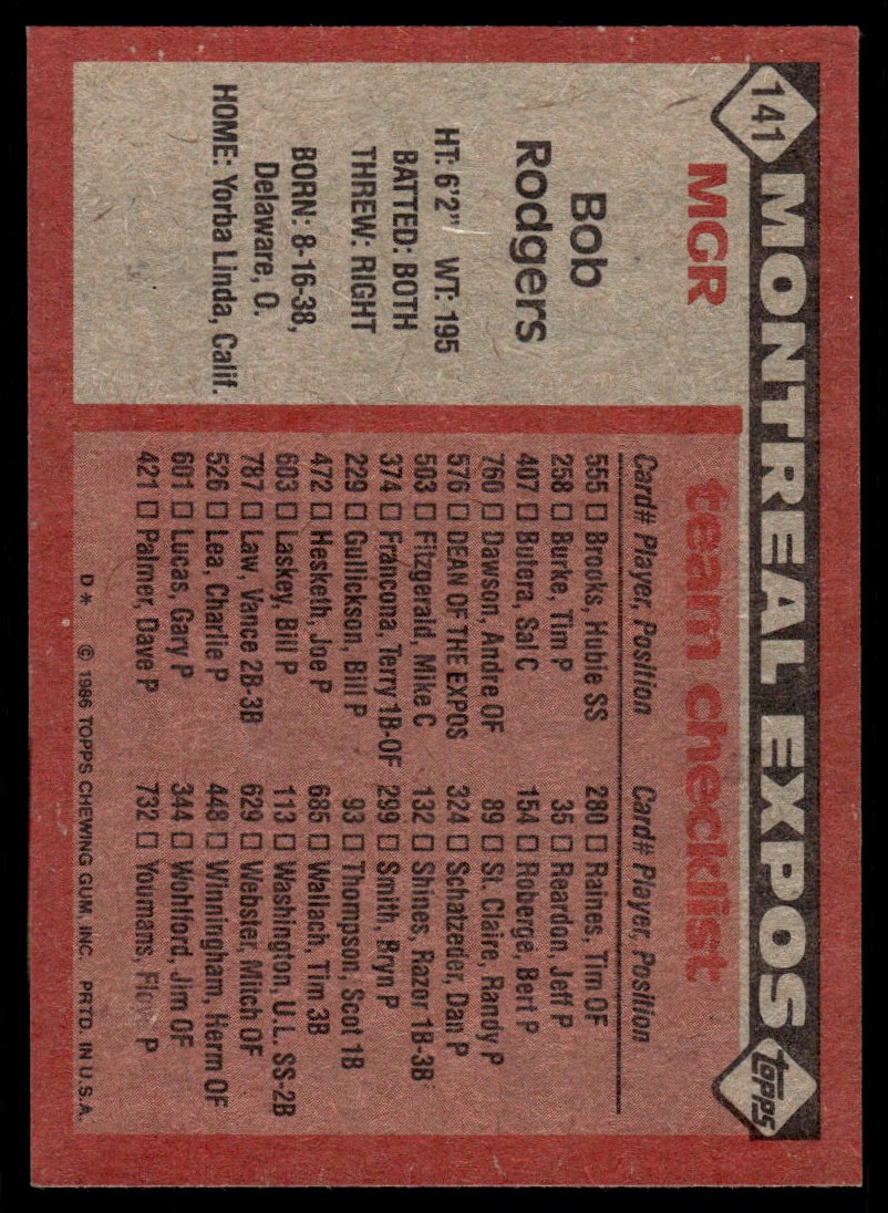 Bob Rodgers 1986 Topps #141 Montreal Expos MLB READ FREE SHIPPING AutographDen