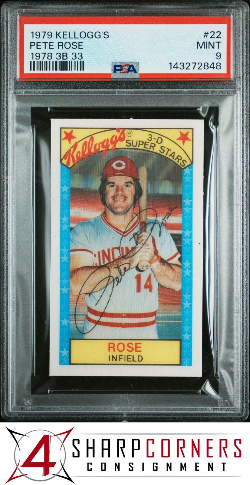 1979 KELLOGG’S #22 PETE ROSE REDS 1978 3B 33 POP 10 (NONE HIGHER) PSA 9