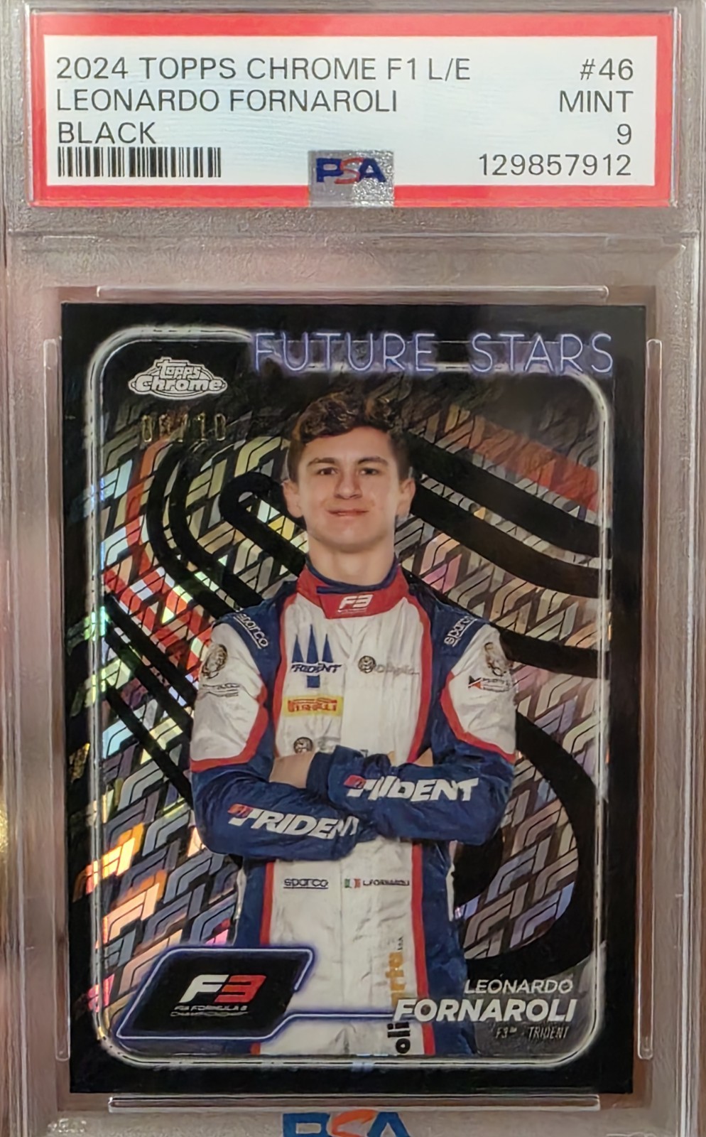 2024 TOPPS CHROME FORMULA 1 LOGOFRACTOR #46 LEONARDO FORNAROLI BLACK /10 PSA 9
