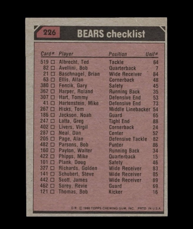 1980 Topps #226 Bears Team Leaders Walter Payton Checklist Excellent