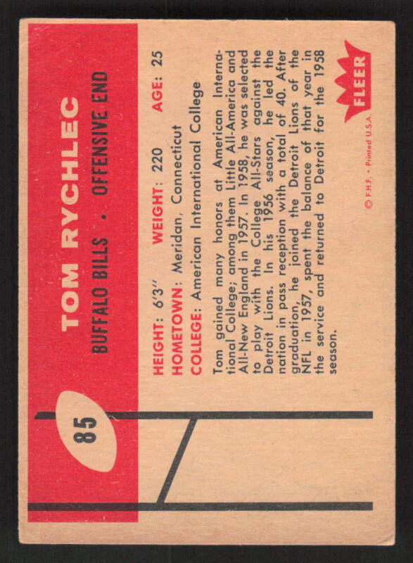 1960 FLEER TOM RYCHLEC 85 VG RC FOOTBALL BUFFALO BILLS