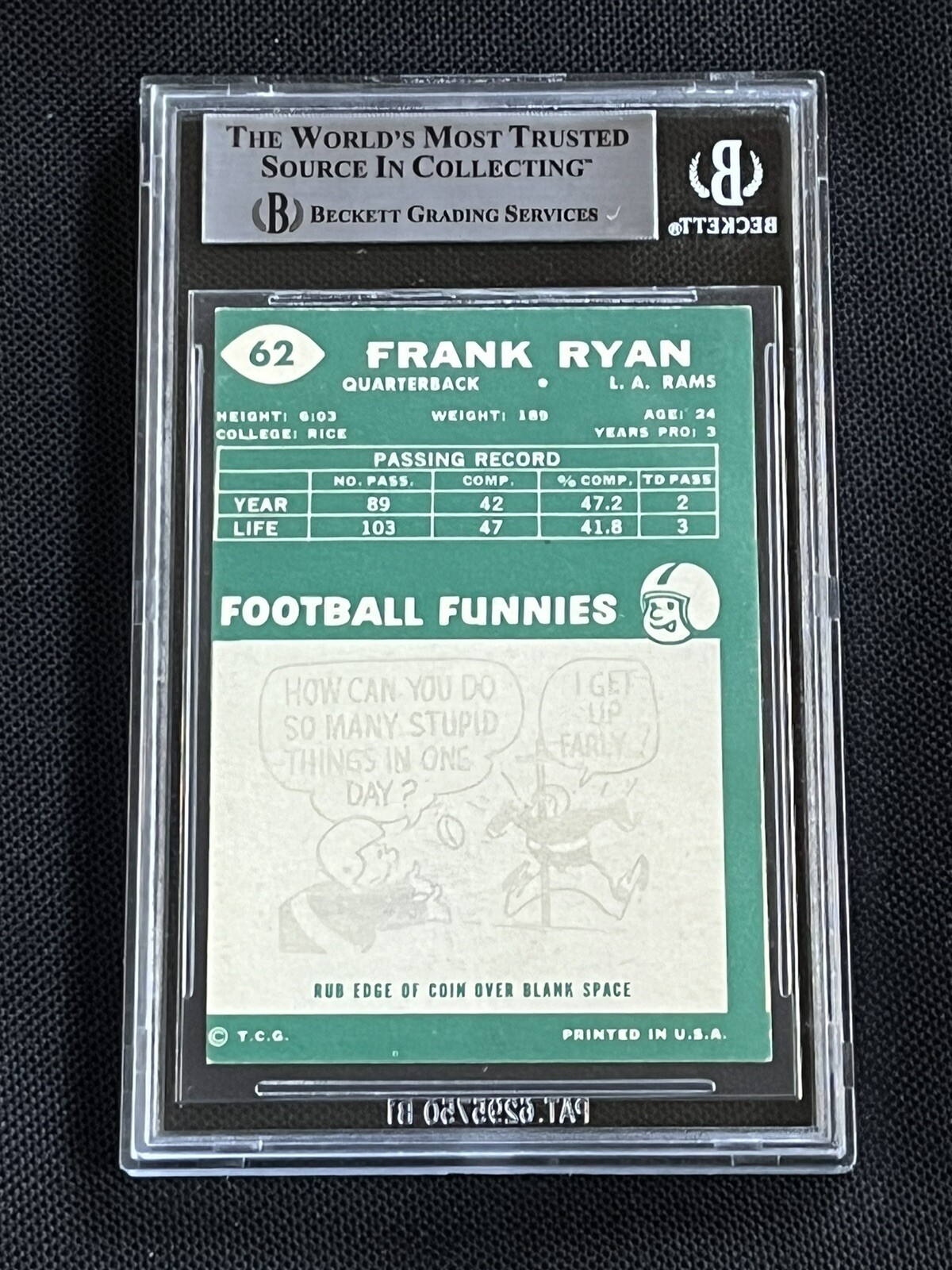 FRANK RYAN 1960 TOPPS ROOKIE SIGNED AUTOGRAPHED CARD #62 RAMS BAS AUTHENTIC