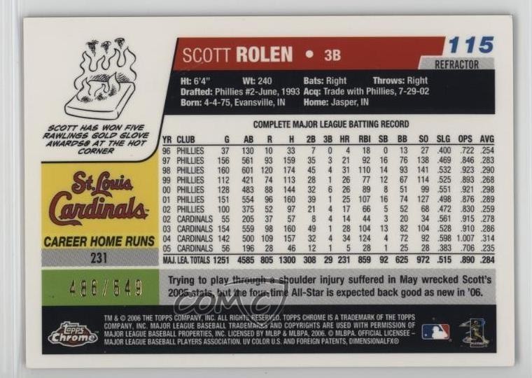 2006 Topps Chrome Black Refractor 486/549 Scott Rolen #115 HOF 7xr