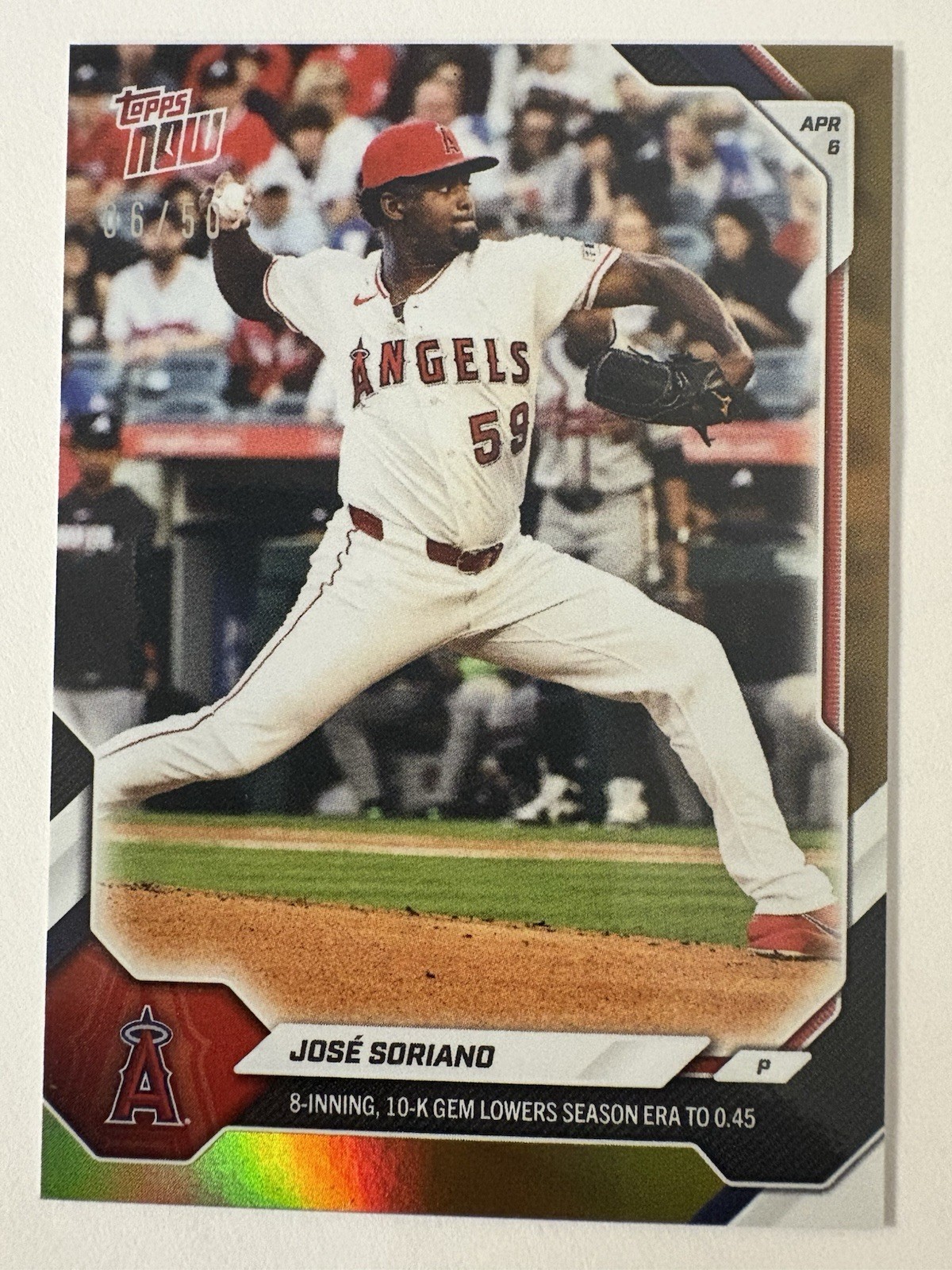 Jose Soriano Angels 8 IP 10 K Gem 0.45 ERA 2026 MLB Topps NOW #58 Gold 06/50