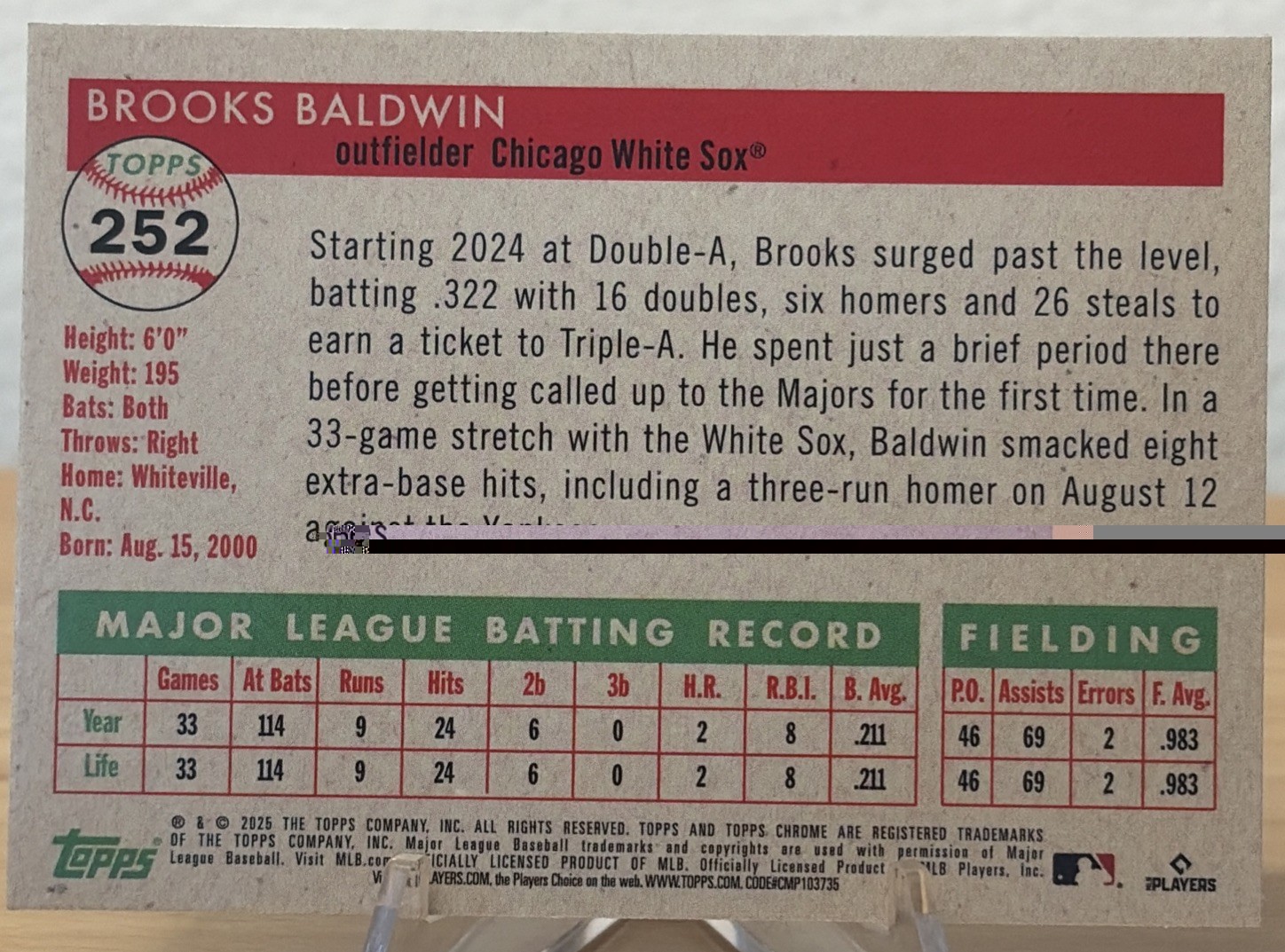 2025 Topps Chrome Platinum Brooks Baldwin Rose Gold Toile 58/75 RC White Sox