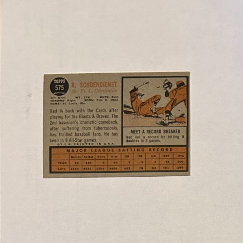 1962 Topps Red Schoendienst High # SP #575 EX EX-MT St Louis Cardinals
