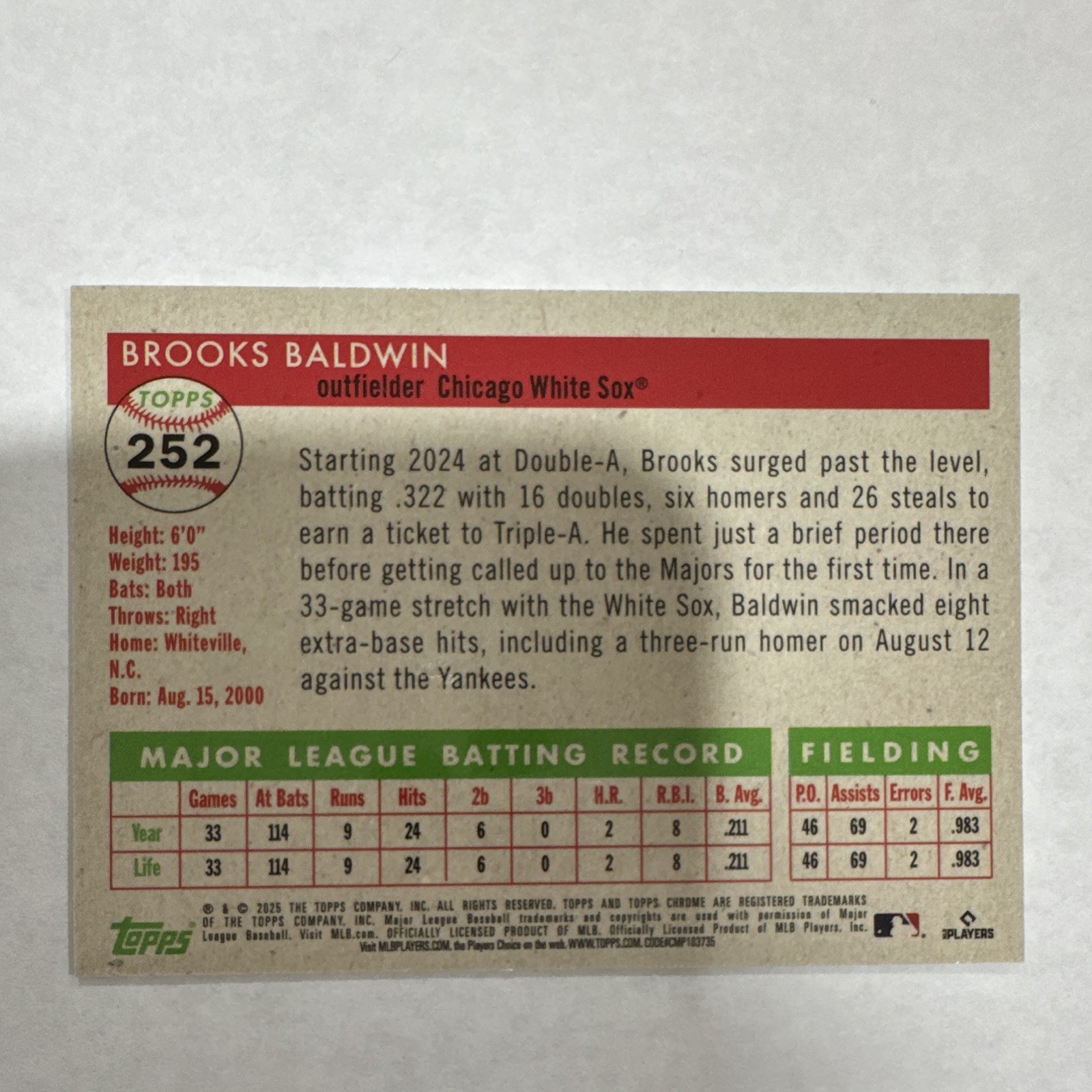 Topps 2024 Topps Chrome Brooks Baldwin /250 RC Chicago White Sox