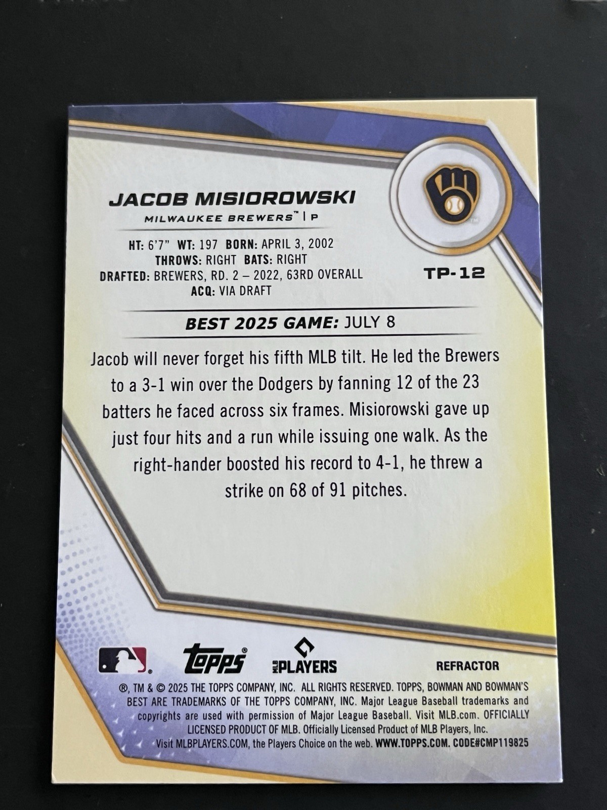 2025 Bowmans Best Jacob Misiorowski #TP-12 Refractor Brewers
