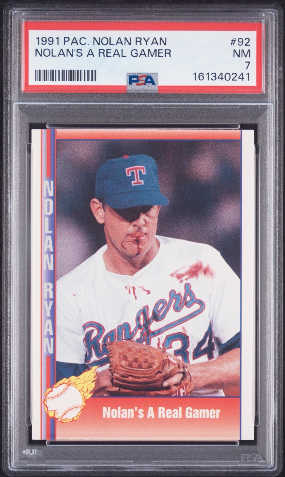 1991 Pacific NOLAN RYAN “Bloody Lip Jersey” Baseball Card #92 Graded PSA 7 NM