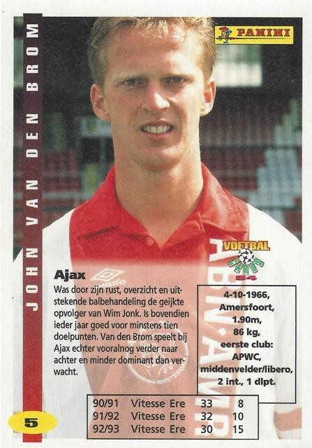 1993 – 1994 Panini Dutch Voetbal – Ajax (1 – 16) – Netherland / Holland
