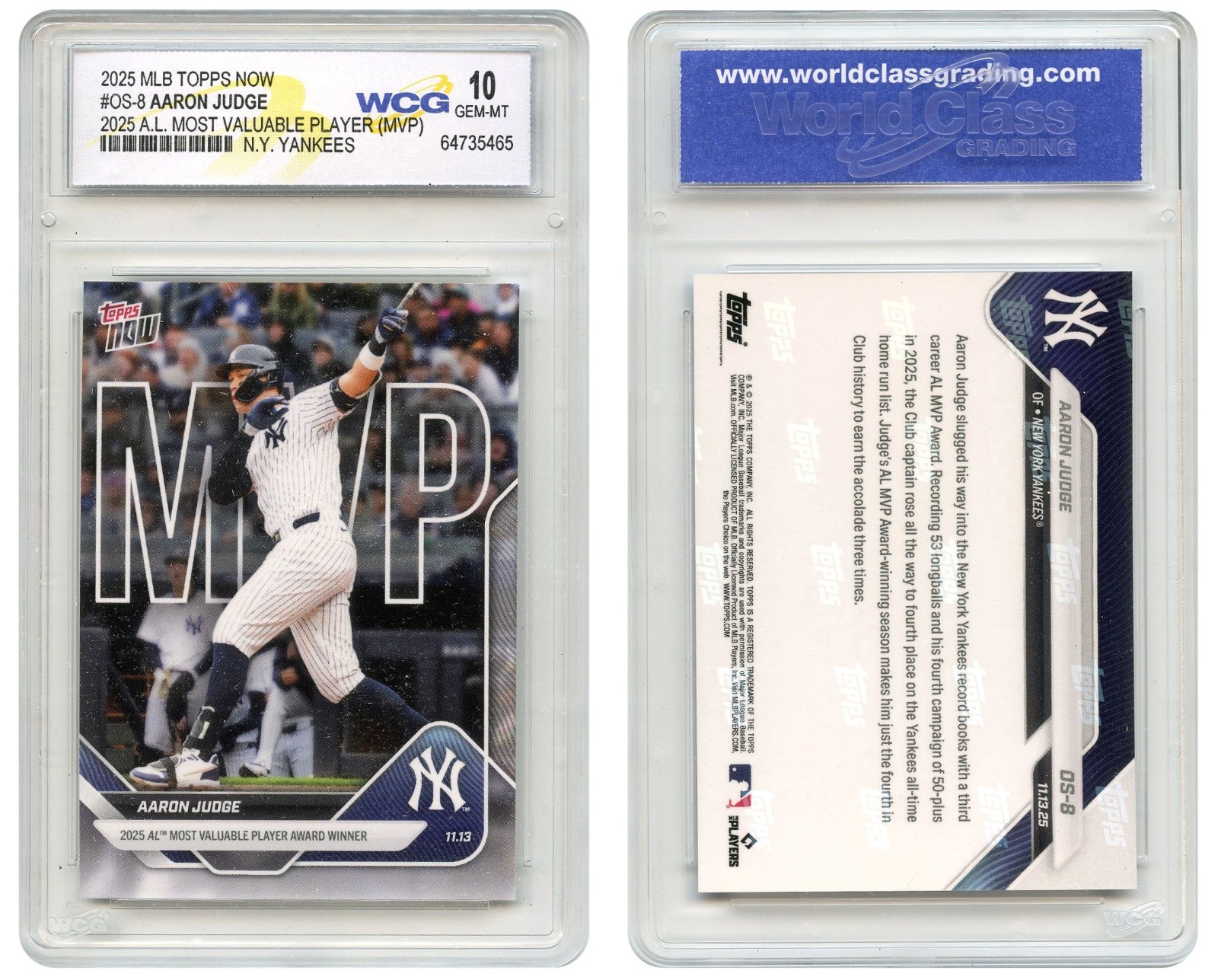 2025 MLB Topps Now AARON JUDGE MVP Card #OS-8 A.L. MVP – Certified GEM-MINT 10