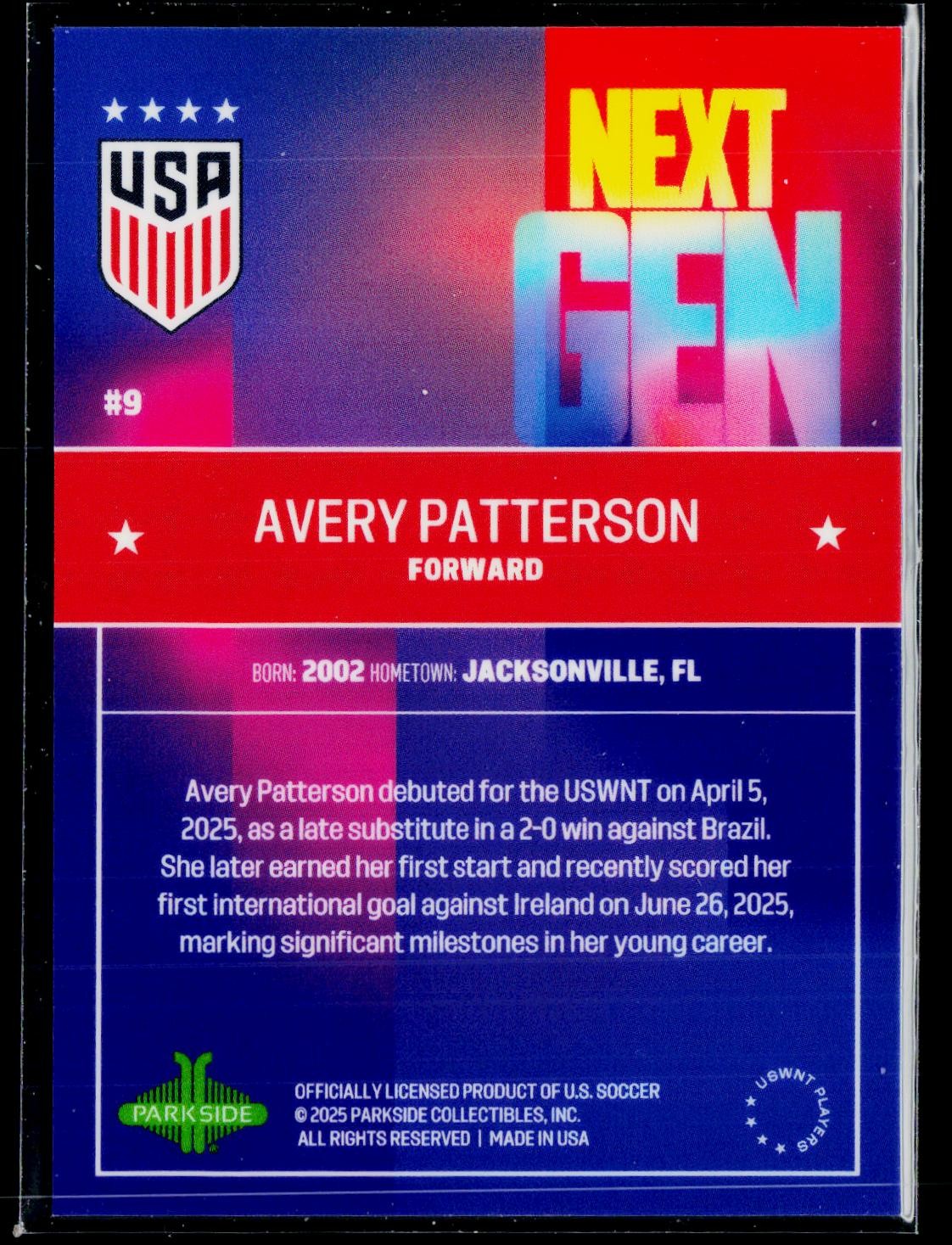Avery Patterson 2025 Parkside USWNT Thermal Next Gen #9 USA