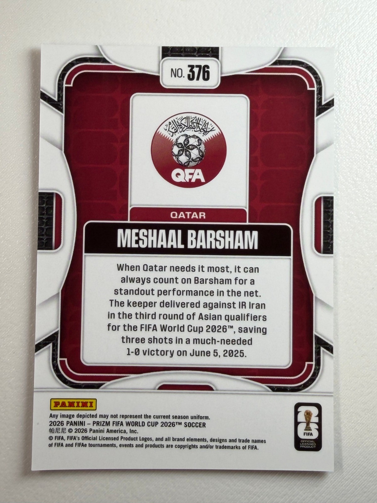 2026 Panini Prizm FIFA – Meshaal Barsham Rookie (RC) Qatar #376