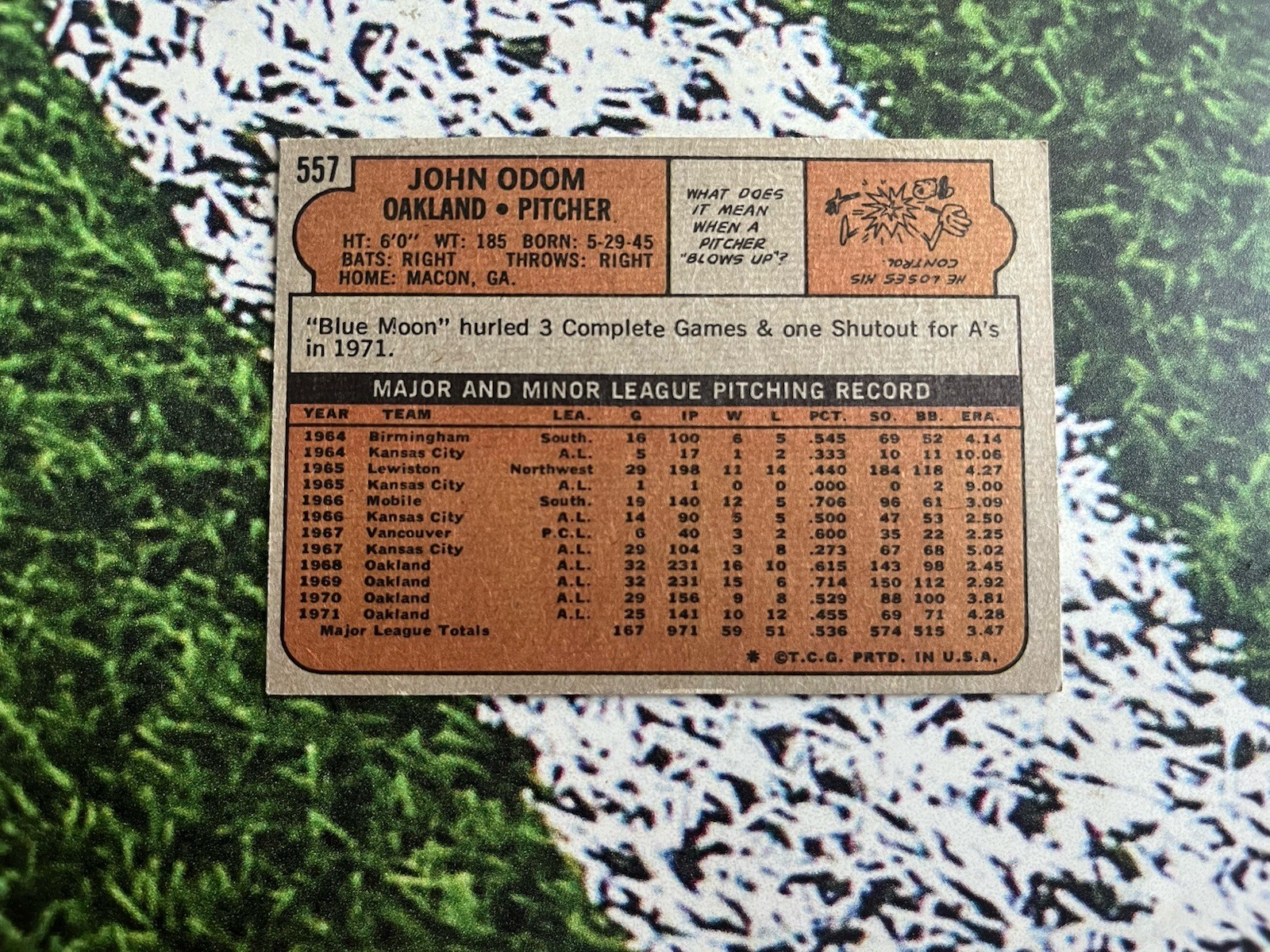 1972 Topps Baseball John Odom #557 Oakland A’s EX Low Shipping