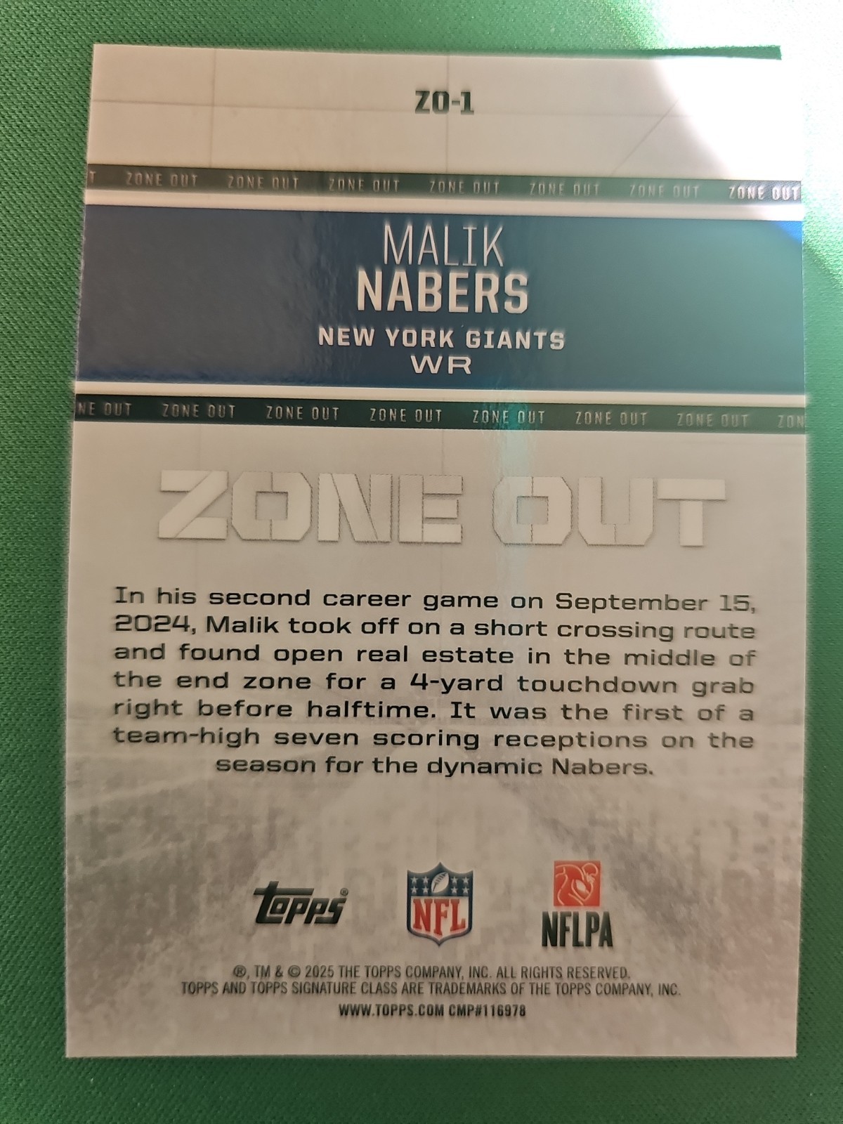 Topps Signature Class 2025-26 Malik Nabers – Giants Zone Out ZO-1 1475 YARDS