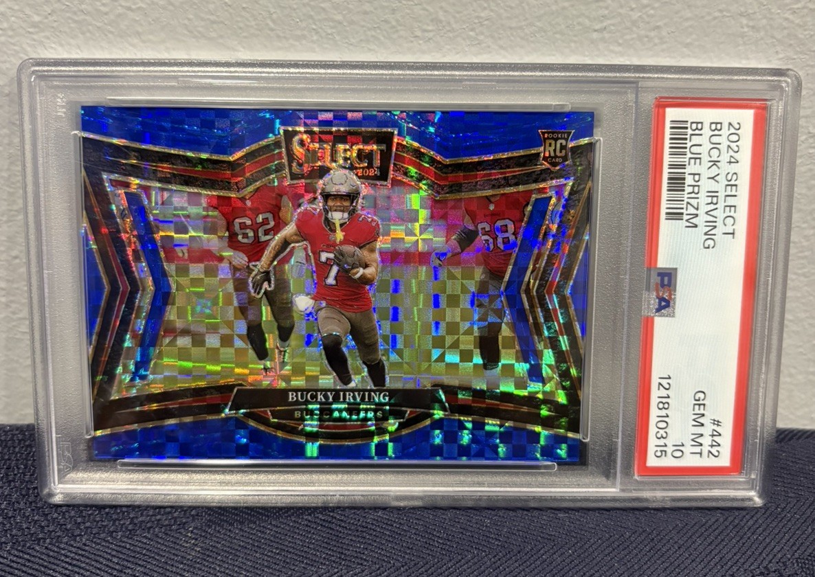 Bucky Irving 2024 Select Field Level Blue Checkerboard RC /75 Bucs SP PSA 10